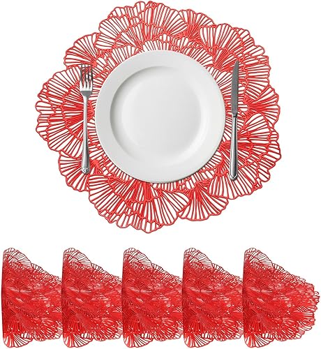 Miniatura 15 de uxcell Juego de 6 manteles individuales redondos de flores rosas para mesas de cena, manteles individuales metálicos de polivinilo prensado,