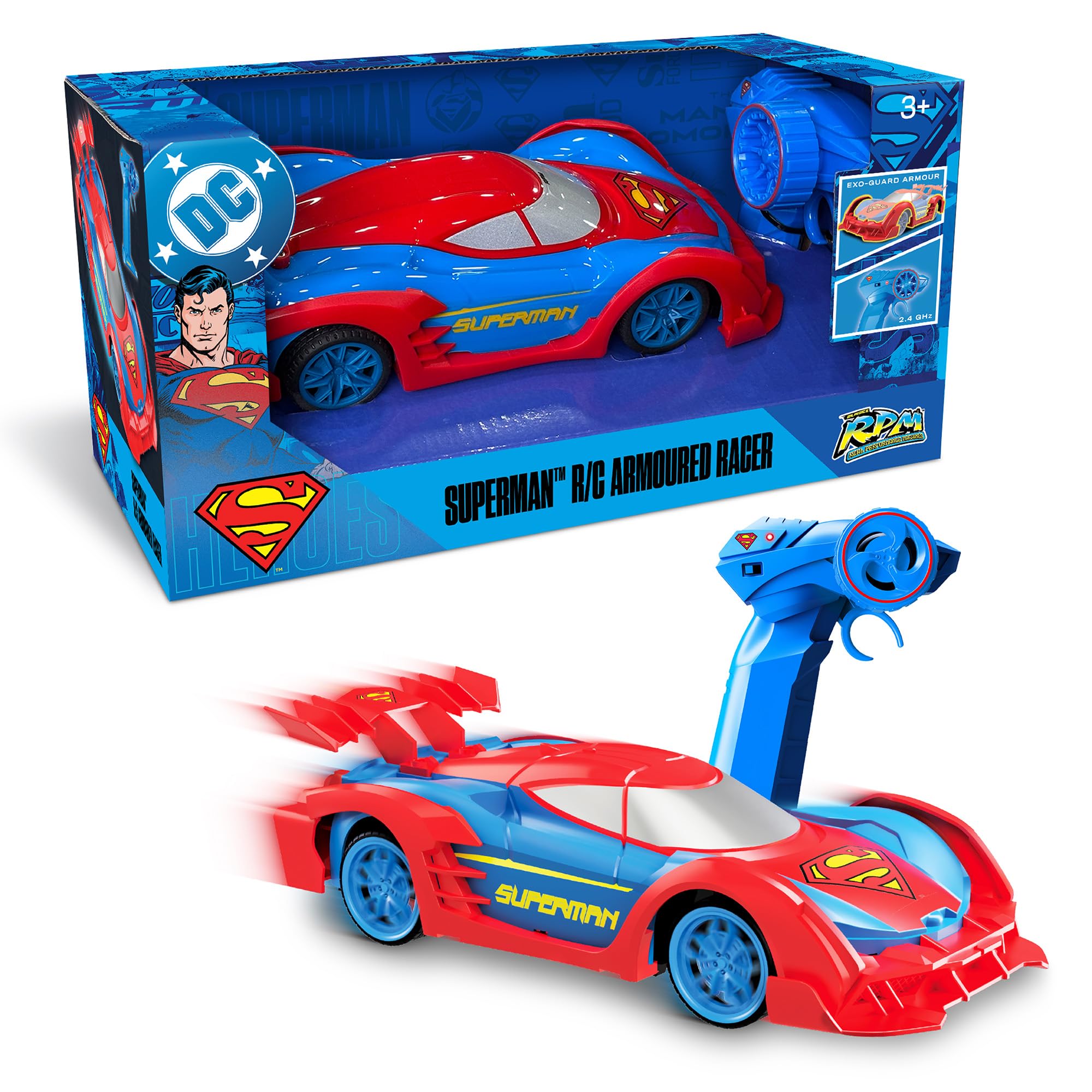 BLADEZ Superman RC Armoured Racer, DC Comics, Remote Control Vehicle with LED lights, Easy to use for kids age 3 and above, Full function RC 1 20 Scale, Licensed Toy from Toyz