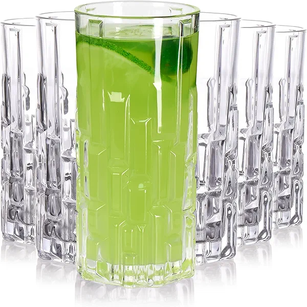 Hyglazelle Highball Drinking Glasses Set of 6, Clear Glass Cups 12oz Vintage Textured Drinking Glasses for Cocktail Iced Coffee Beer Tea Whiskey