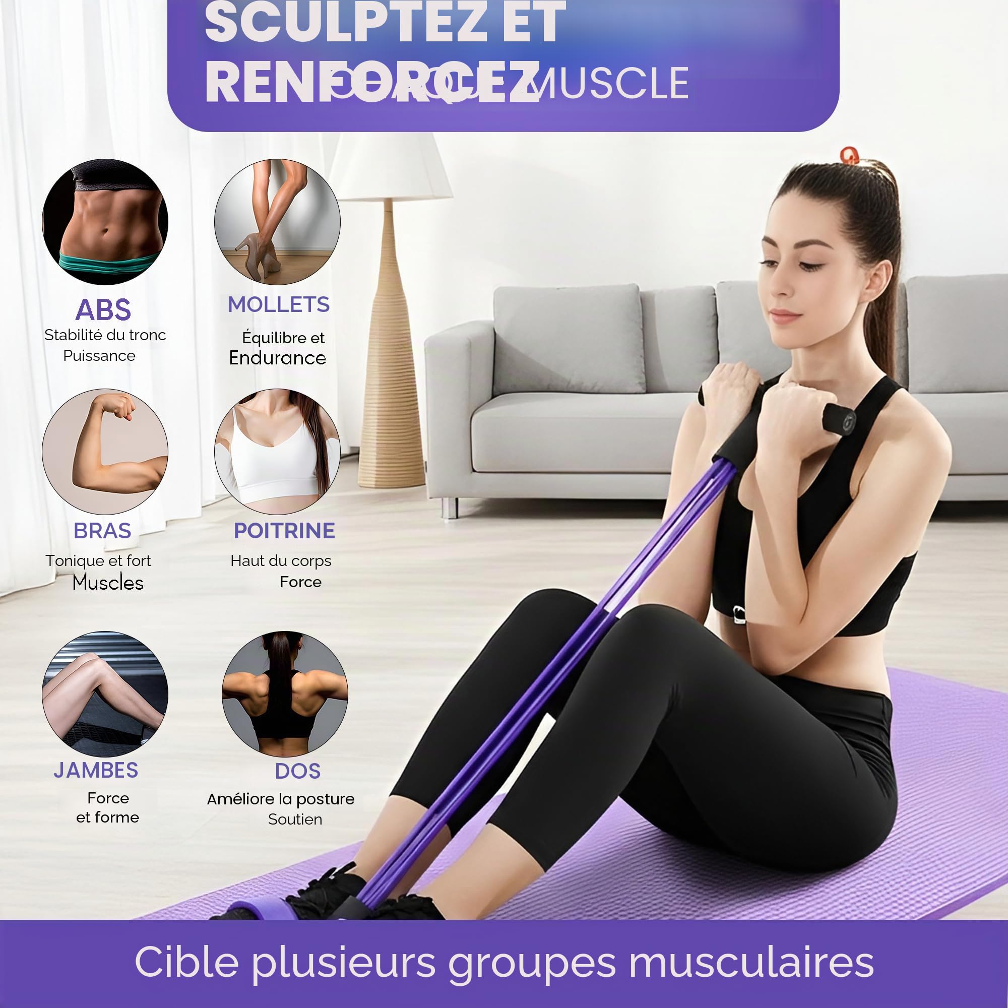 Pédale de Fitness Élastique Corde de Tension, 6 Tubes Multifonctionnelle Bande de Résistance Bodybuilding