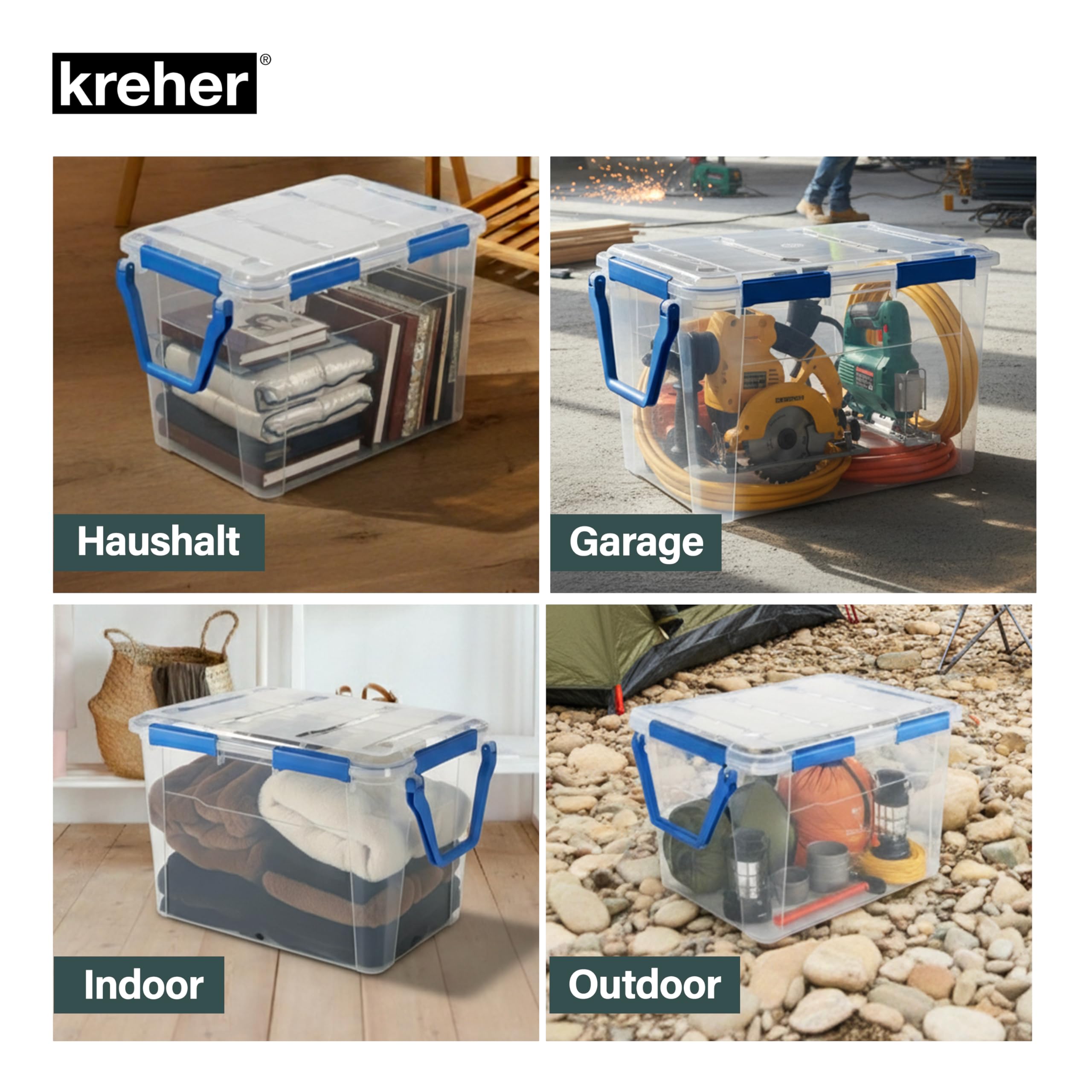 Kreher Boîte de rangement 100 litres avec couvercle, étanche, résistante à la poussière, transparente et empilable, sans BPA et sans substances nocives, boîte en plastique robuste avec joint en