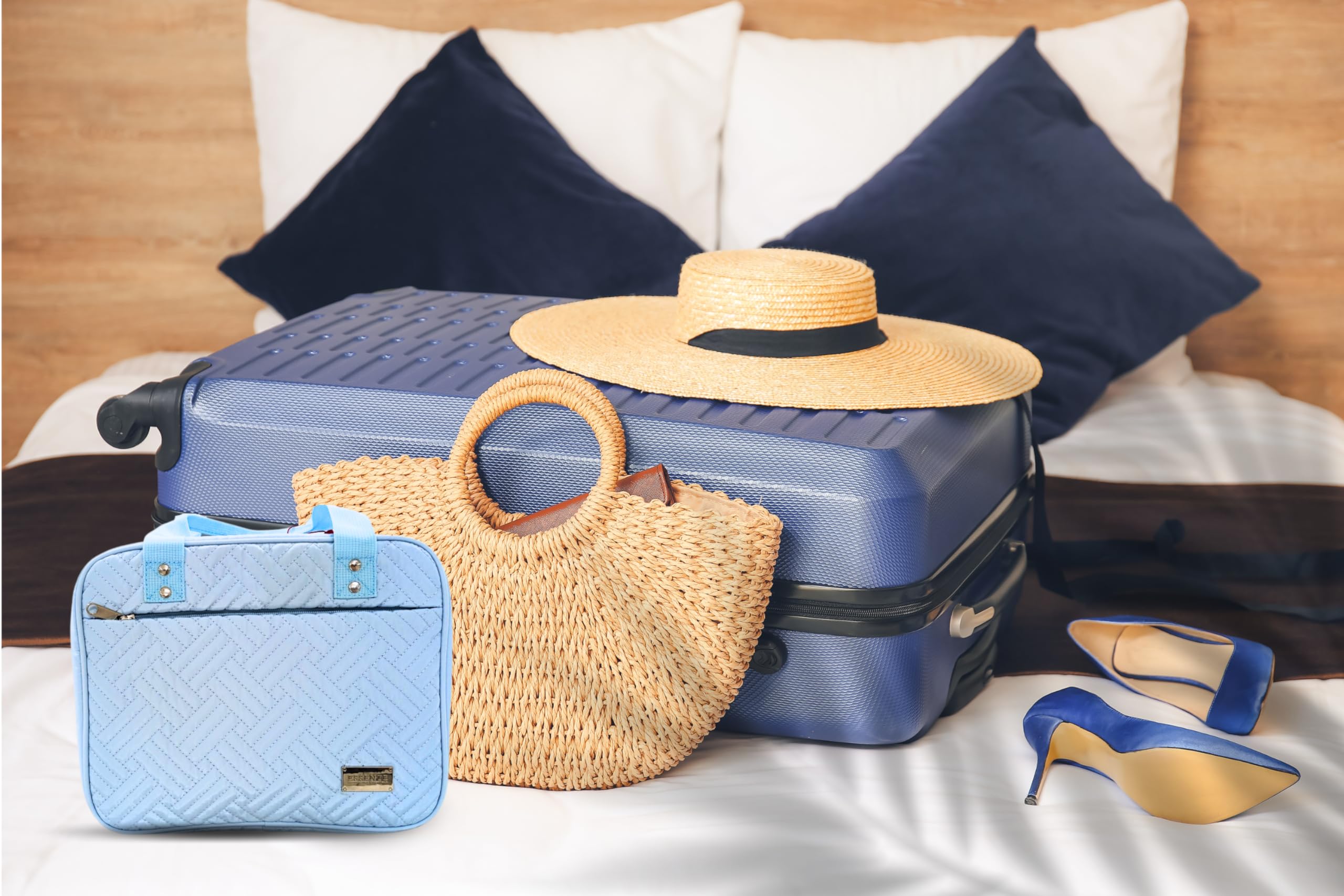 ESSENTE - Neceser de viaje para mujer con bolsa extraíble y gancho para colgar, organizador de cosméticos de maquillaje resistente al agua con múltiples compartimentos para accesorios, Azul