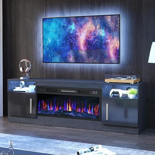 PRETZI Fireplace TV Stand with 36" Fireplace Up to 80" TVs, 70" Entertainment Center with LED Lights, Remote Control, TV Media Console with Storage Cabinets for Living Room, Black