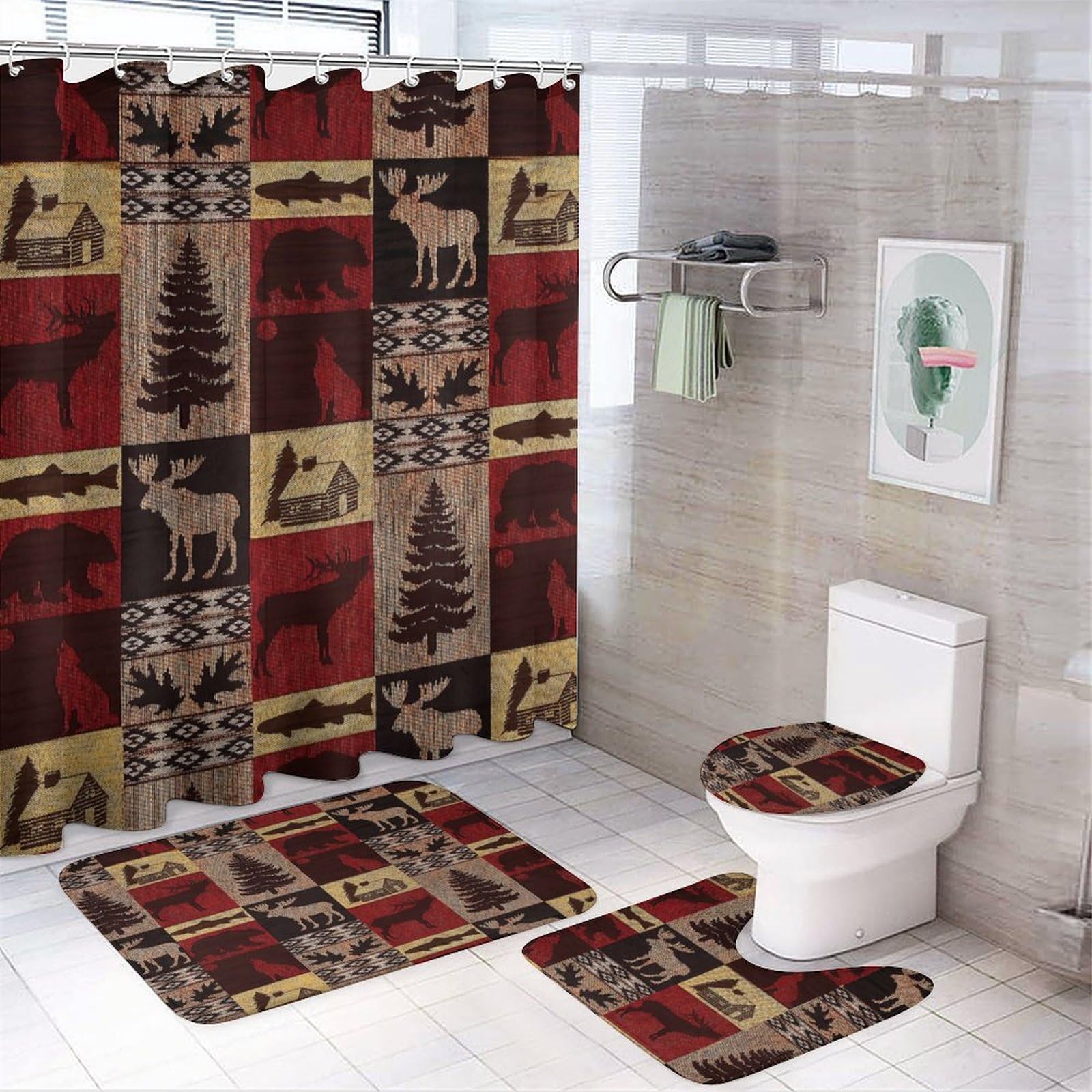 Rustic Cabin Bear 4 Piece Shower Curtain Sets,Vintage Lodge Hunting Theme Check Plaid Deer Bear Non-Slip Rugs,Toilet Lid Cover and Bath Mat,Durable and Waterproof,for Bathroom Decor Set
