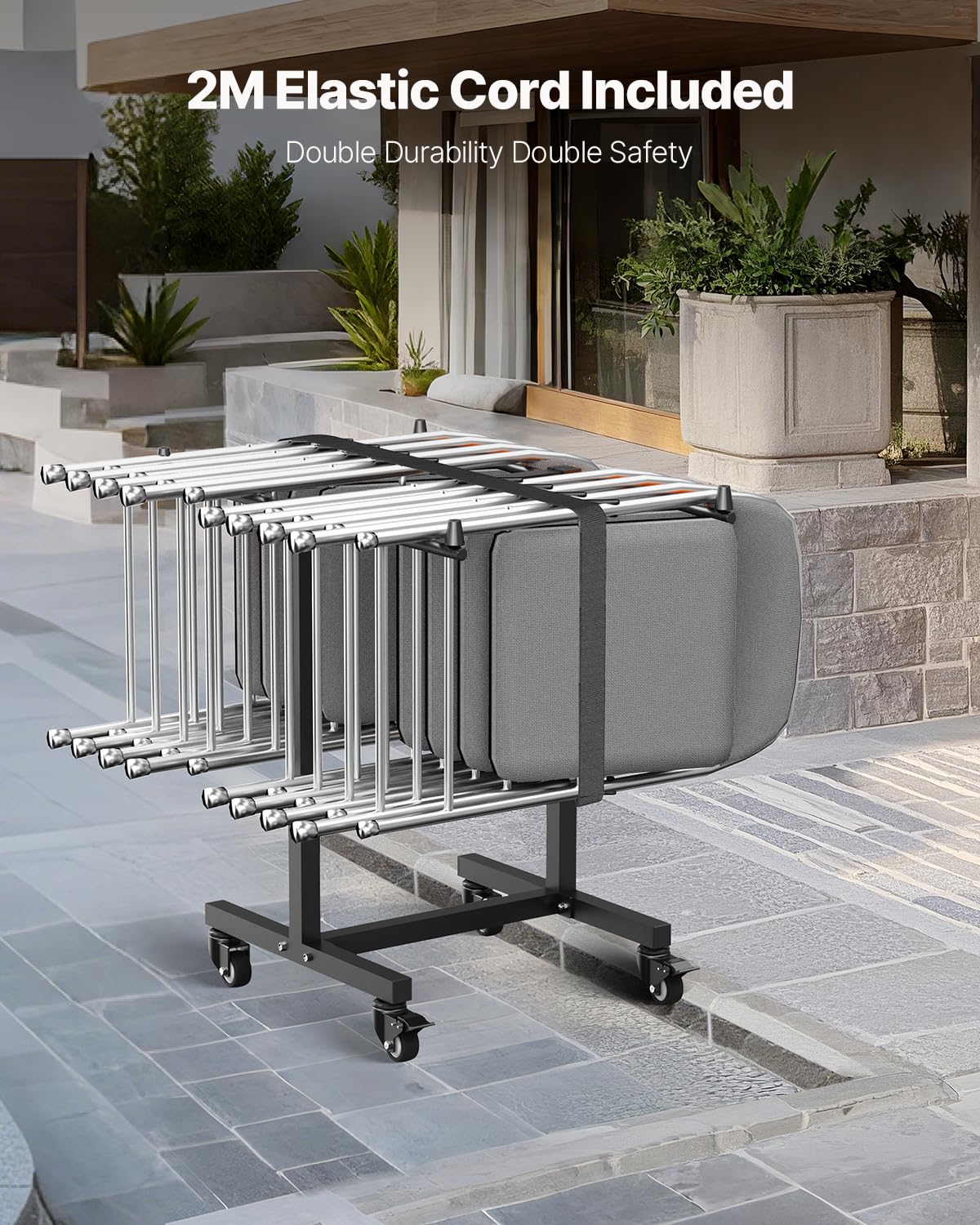 VEVOR Estante para Sillas Plegable, Capacidad de 90 kg, Carrito en Forma de T para 14 sillas, Carrito de Almacenamiento de Metal Resistente con Ruedas de Goma para Fiestas, Eventos, Negro Mate
