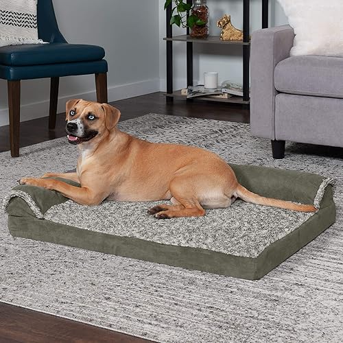 Miniatura 3 de Furhaven - Cama para perro de espuma de gel refrescante, de piel sintética y gamuza, en dos tonos, estilo diván en forma de L, color salvia oscura,