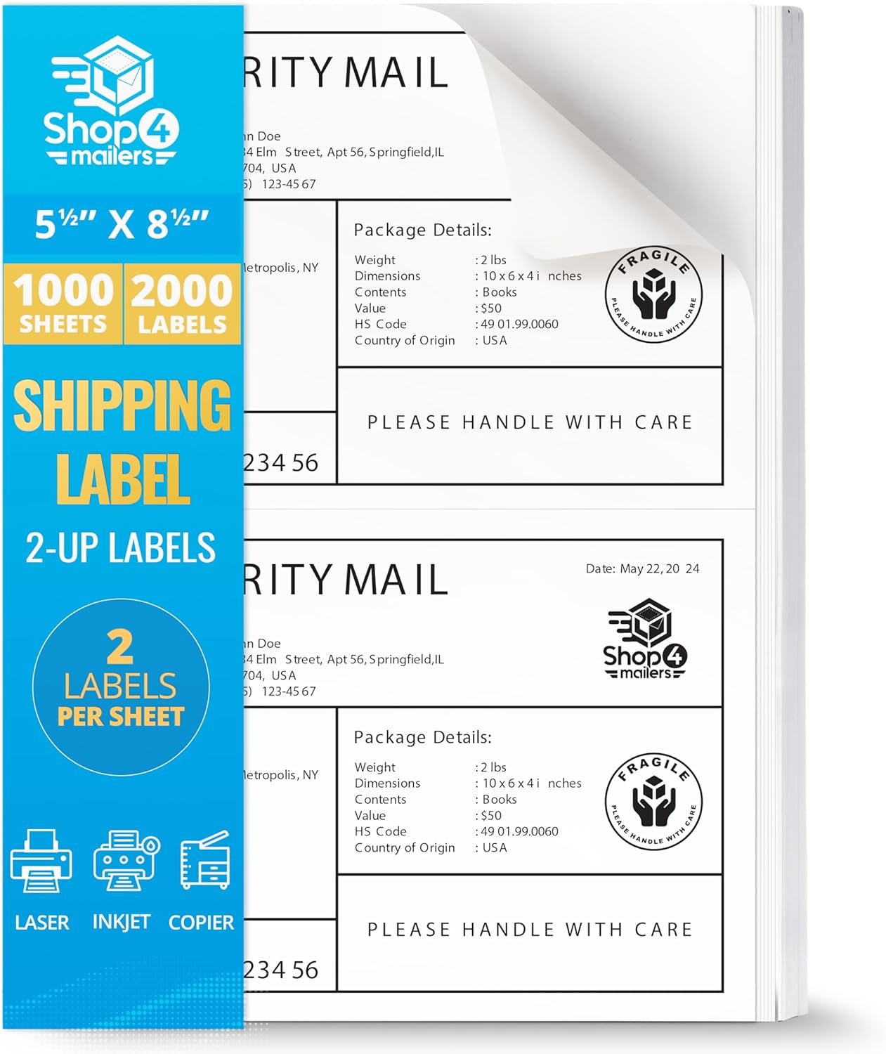 Shop4Mailers 2-Up White Permanent Self Adhesive Shipping Labels 5 ½” x 8 1/2” Easy Peel Stickers for Laser & Inkjet Printers - 500 Sheets - 1,000 Count Labels