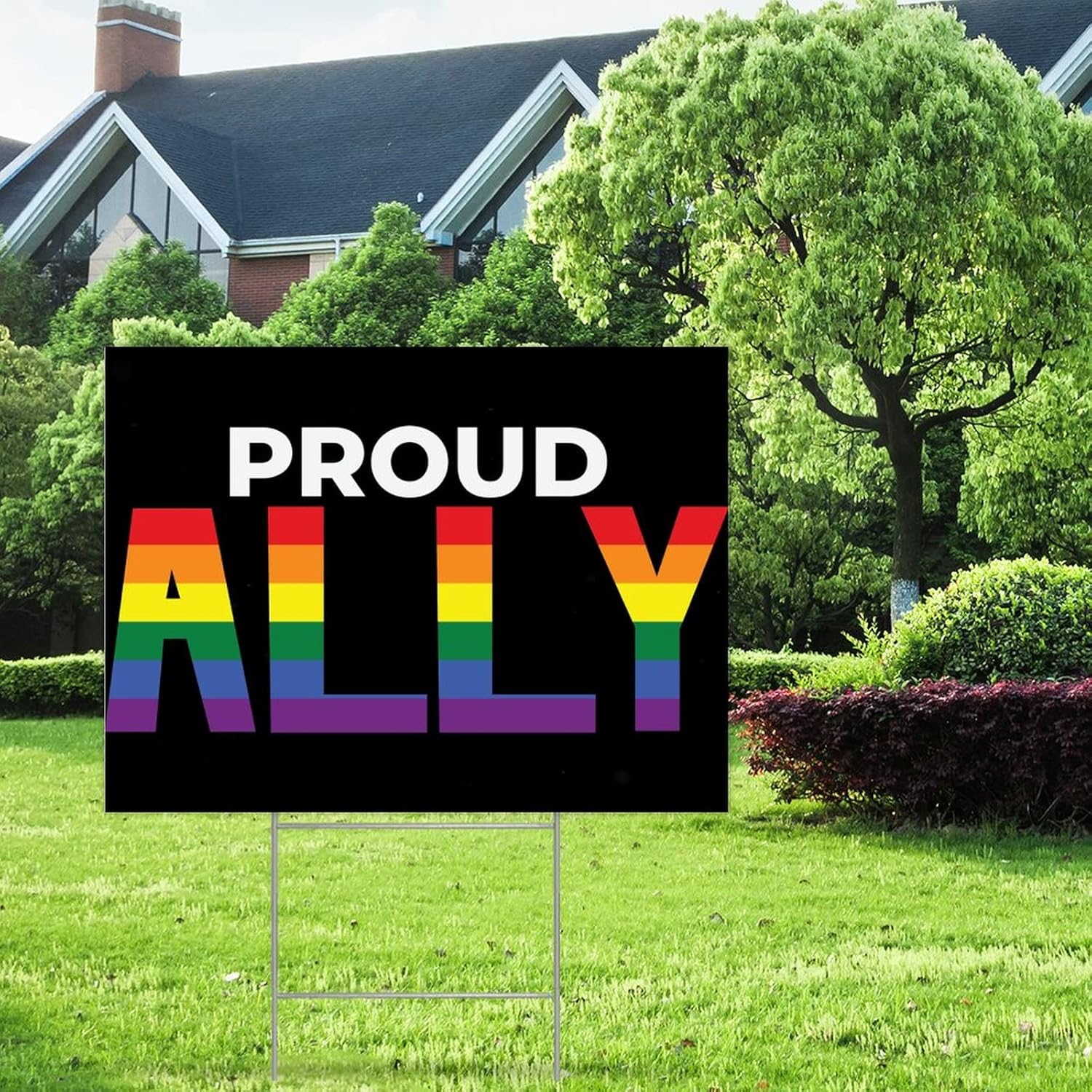 Proud Ally LGBTQ Yard Sign with Stake Rainbow Gay Rights Lesbian Equality LGBTQ Corrugated Plastic Yard Signs with H Stakes Gay Pride Parade Awareness Decorations Corrugated Yard Signs 18X24In