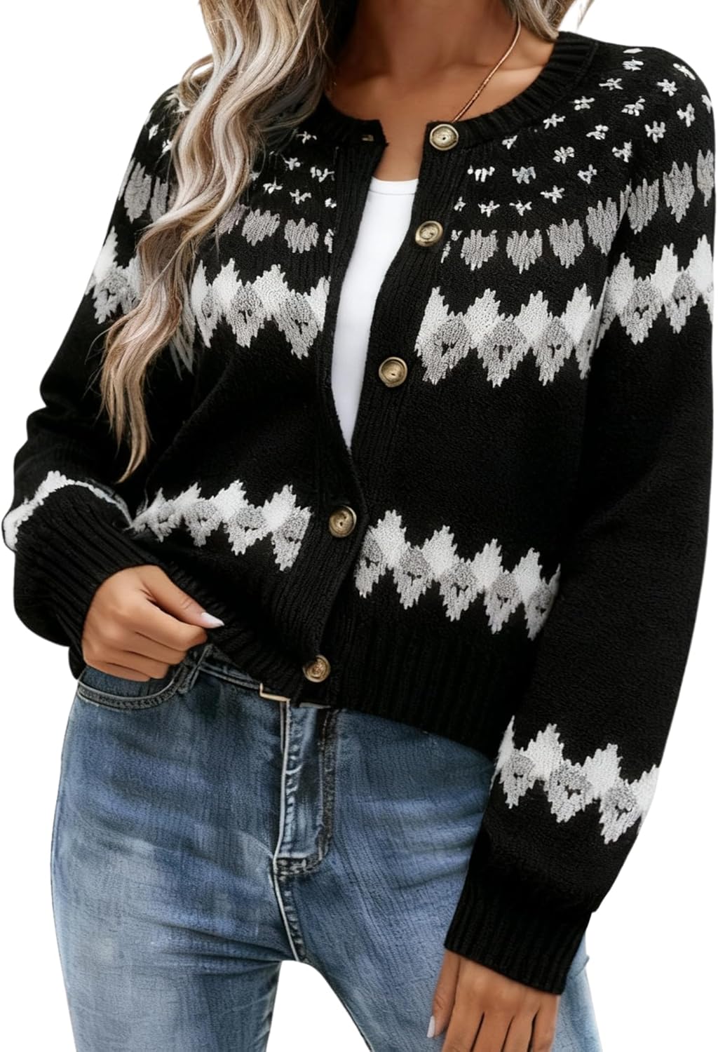 EMMIOL Womens Fair Isle Sweater Cropped Button Up Long Sleeve Cardigans Crewneck Knit Sweater Coats Fall Winter - Image 5