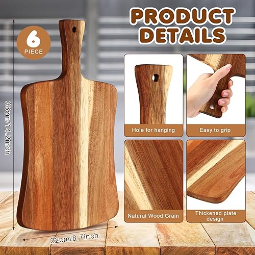 Miniatura 2 de Layhit Paquete de 6 tablas de cortar de madera de acacia gruesa de 14 x 8.7 pulgadas, tabla de servir de madera de doble cara con asa, tablas de