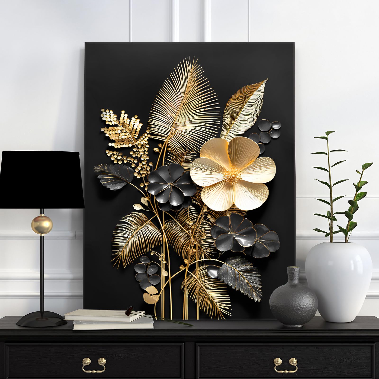 Wooden Framed Canvas Wall Art 3D Black Gold Flowers Painting on Canvas Prints Poster Tropical Coconut Leaves Bouquets Pictures for Living Room Bedroom Home Office Hallway Corridor Wall Decor 30x40cm - Image 2