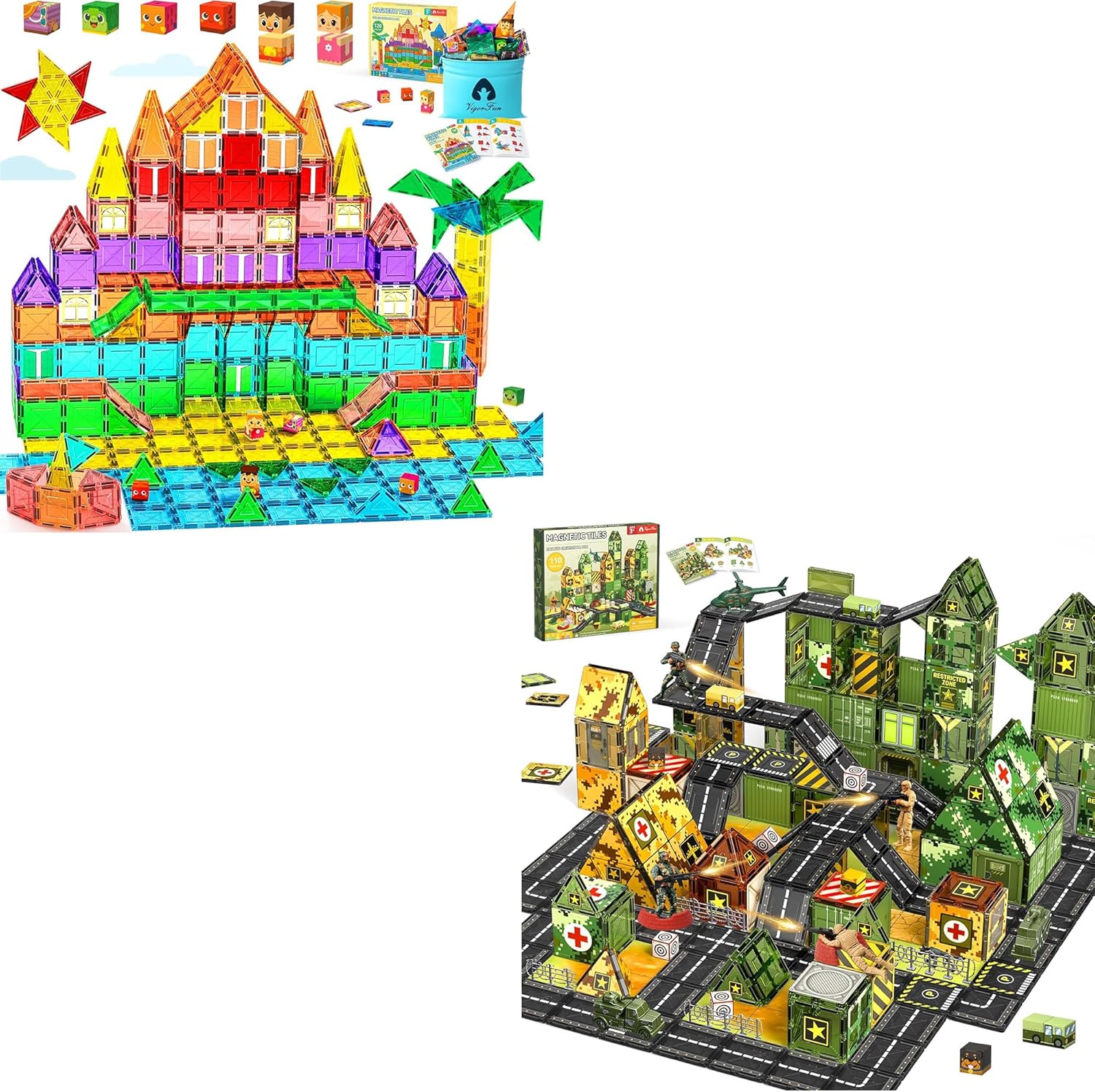 VigorFun Magnetic Tiles Building Toys Set for Kids Ages 3-5 4-8 (Classic) & Army Magnetic Tiles Building Toys Set for Kids