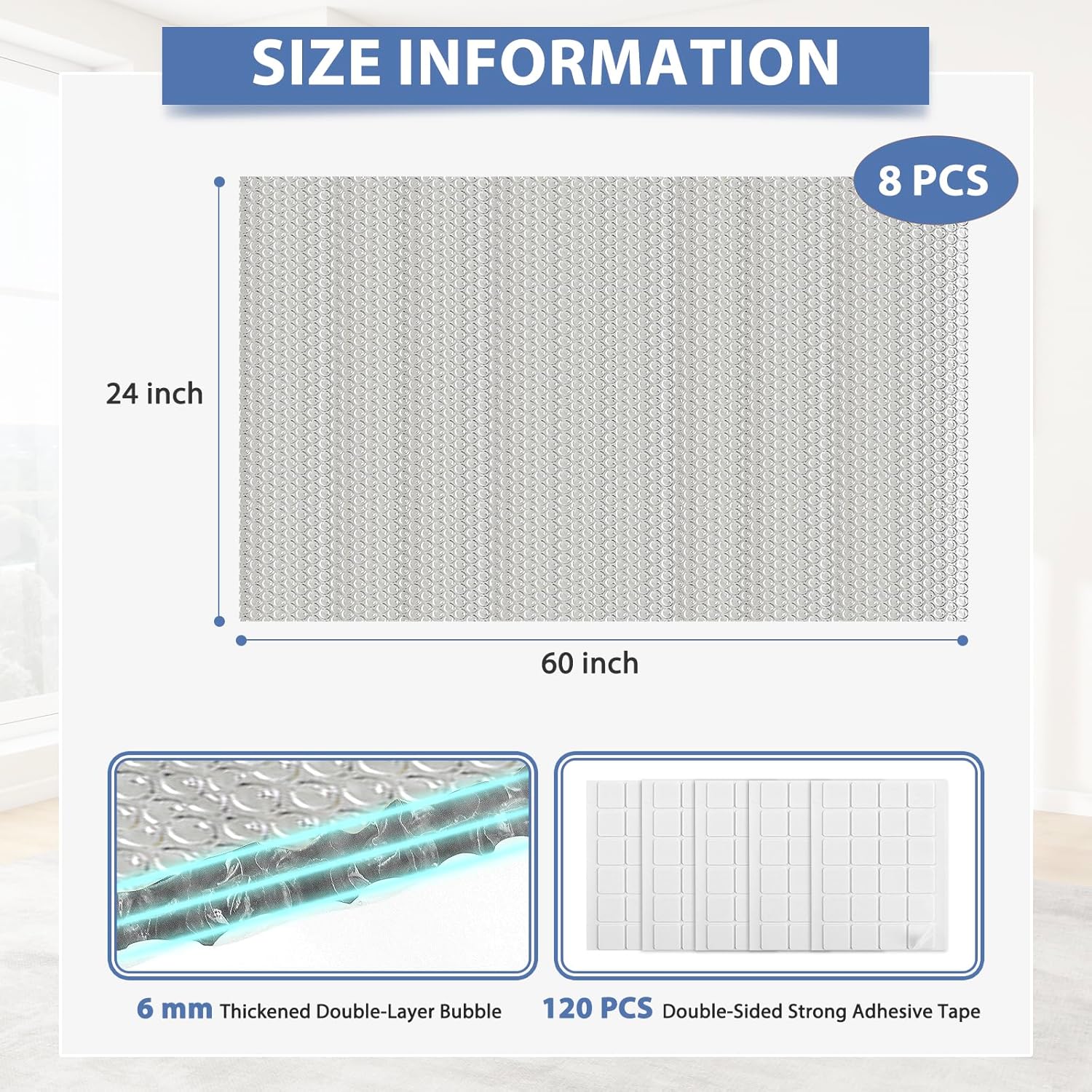 Reflective Bubble Insulation Sheet 6MM Thick Double Bubble Aluminum Foil Shield Garage Door Insulation Panels Kit Radiant Barrier for Windows RV Roof Attic Wall (24IN X 60IN, 8 PCS)