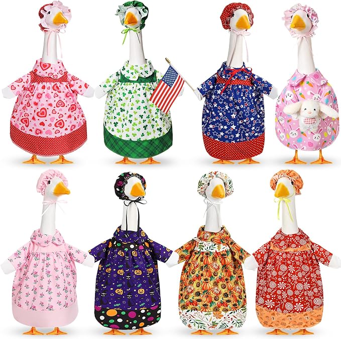 8 Set Holiday Seasonal Baby Goose Outfits for 17" Cement Baby Goose Statue Summer 4th of July All Seasons Costume for Lawn Garden Patio Indoor Outdoor Decoration(Girl Style)