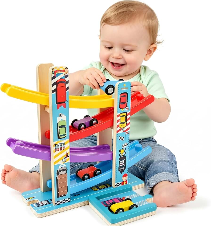Heirio Car Ramp Toy for Toddlers 1-3, Montessori Wooden Race Track with 4 Cars and 1 Parking Lot, Birthday Gift for 18 Month 1 2 Y