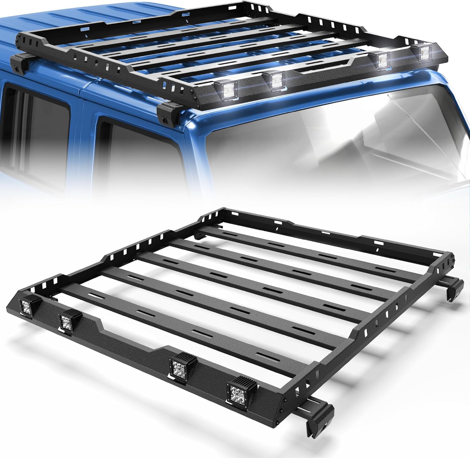 Roof Rack for Jeep Wrangler JL Unlimited 2019-2025 4-Door Hardtop, Full Platform Roof Rack with Front LED Light, Heavy Duty Steel Rooftop Cargo Rack, Clamp-On No-Drill, 300 LB Capacity