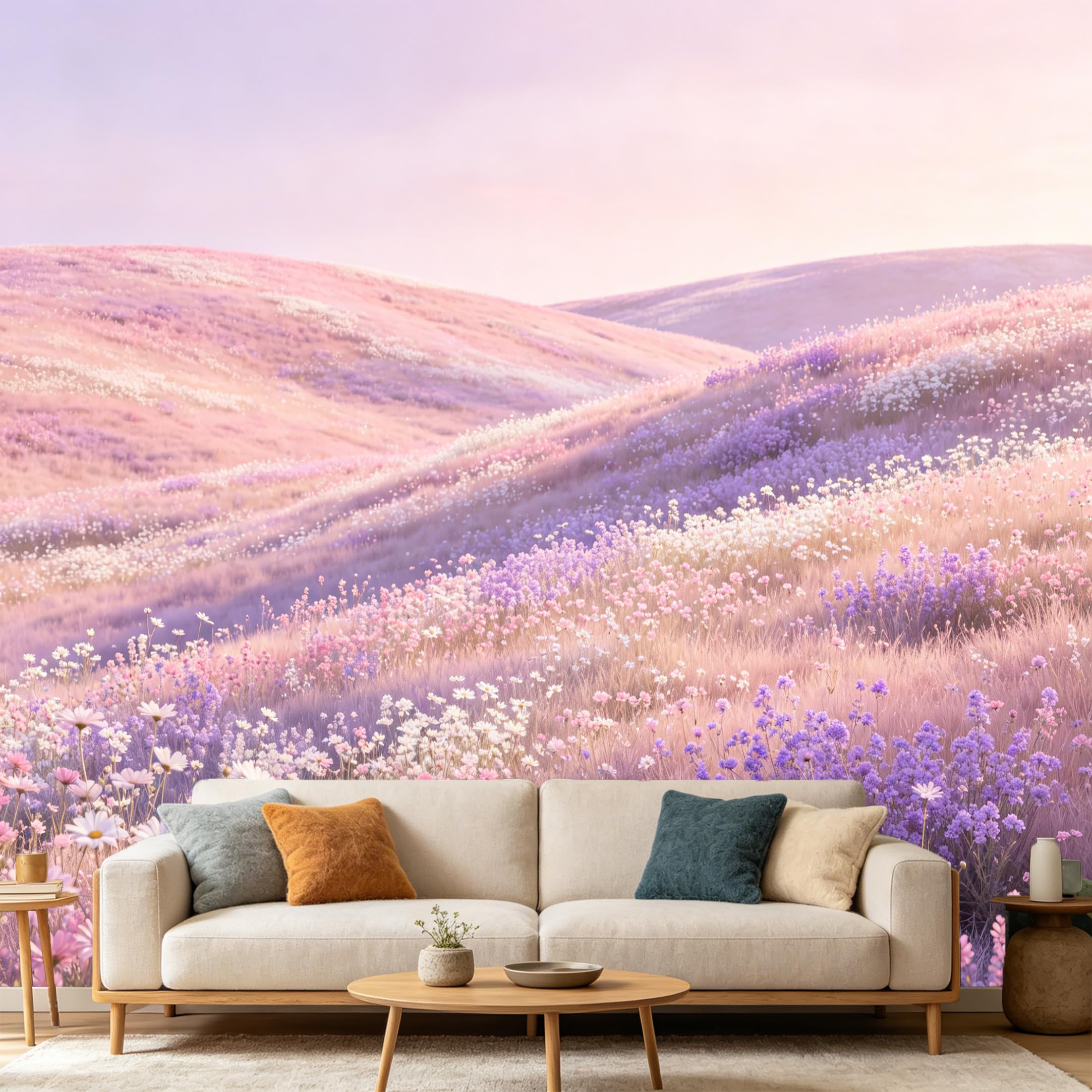 Custom Size Wall Mural Pink Lavender Field Landscape Watercolor Floral Meadow Soft Pastel Aesthetic SelfAdhesive Art Prints wall Fabric（No PVC） Removable Wallpaper Home Bedroom Decor