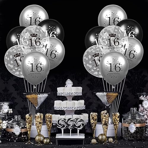 Miniatura 7 de Globos de 16 cumpleaños para decoración de niños, 15 unidades, color negro y plateado, para fiesta de feliz cumpleaños de 16 años, globos de confeti