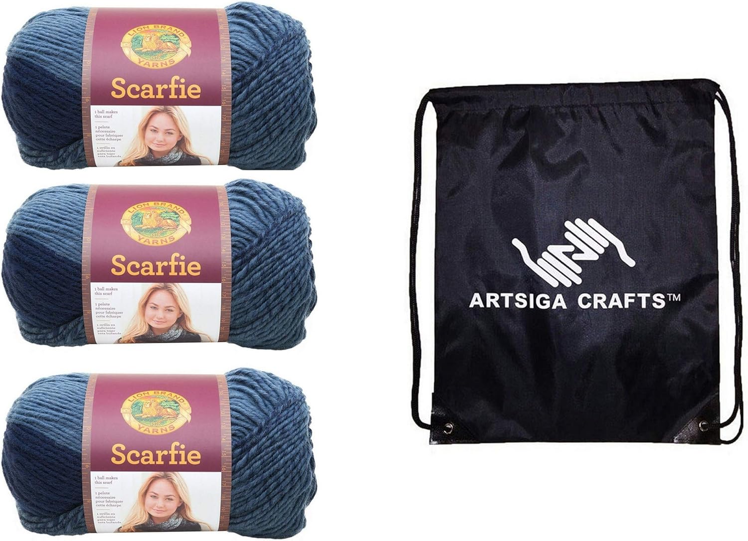 Lion Brand Scarfie Pale Grey/Bluestone 826-233 (3-Skeins - Same Dye Lot) Chunky Bulky #5 Acrylic, Wool Yarn for Crocheting and Knitting with Project Bag