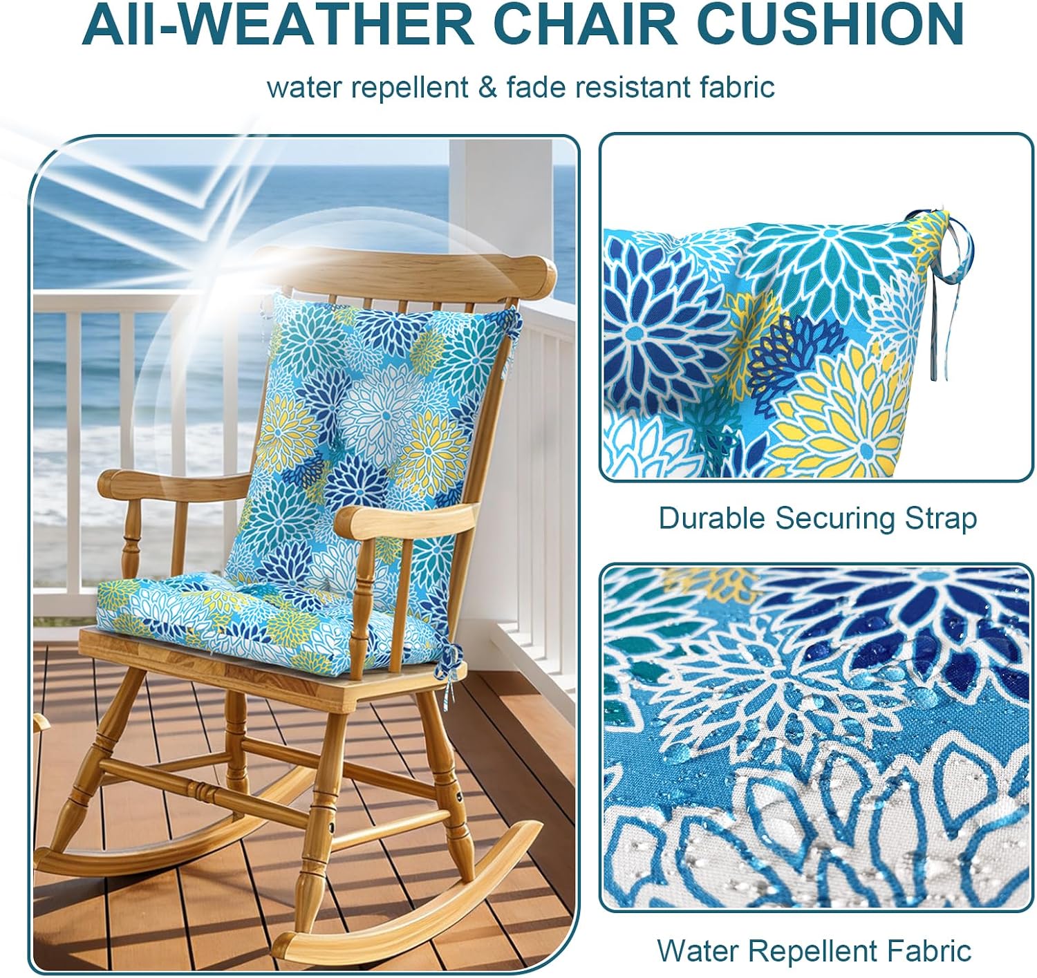 DYTXIII Set of 2 Rocking Chair Cushions for Outdoor/Indoor Use,Water Resistant Tufted High Back Chair Pads for Patio,Porch,Balcony Rocker and Adirondack Furniture - Dahlia Blue