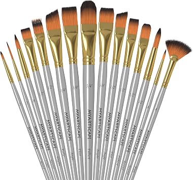 MyArtscape Paint Brush Set - 15 Short Handle Art Brushes for Gouache, Watercolor, Acrylic and Oil Painting - Premium Taklon Brushes - Fan, Filbert, Flat, Round, Shader, Angle and Bright