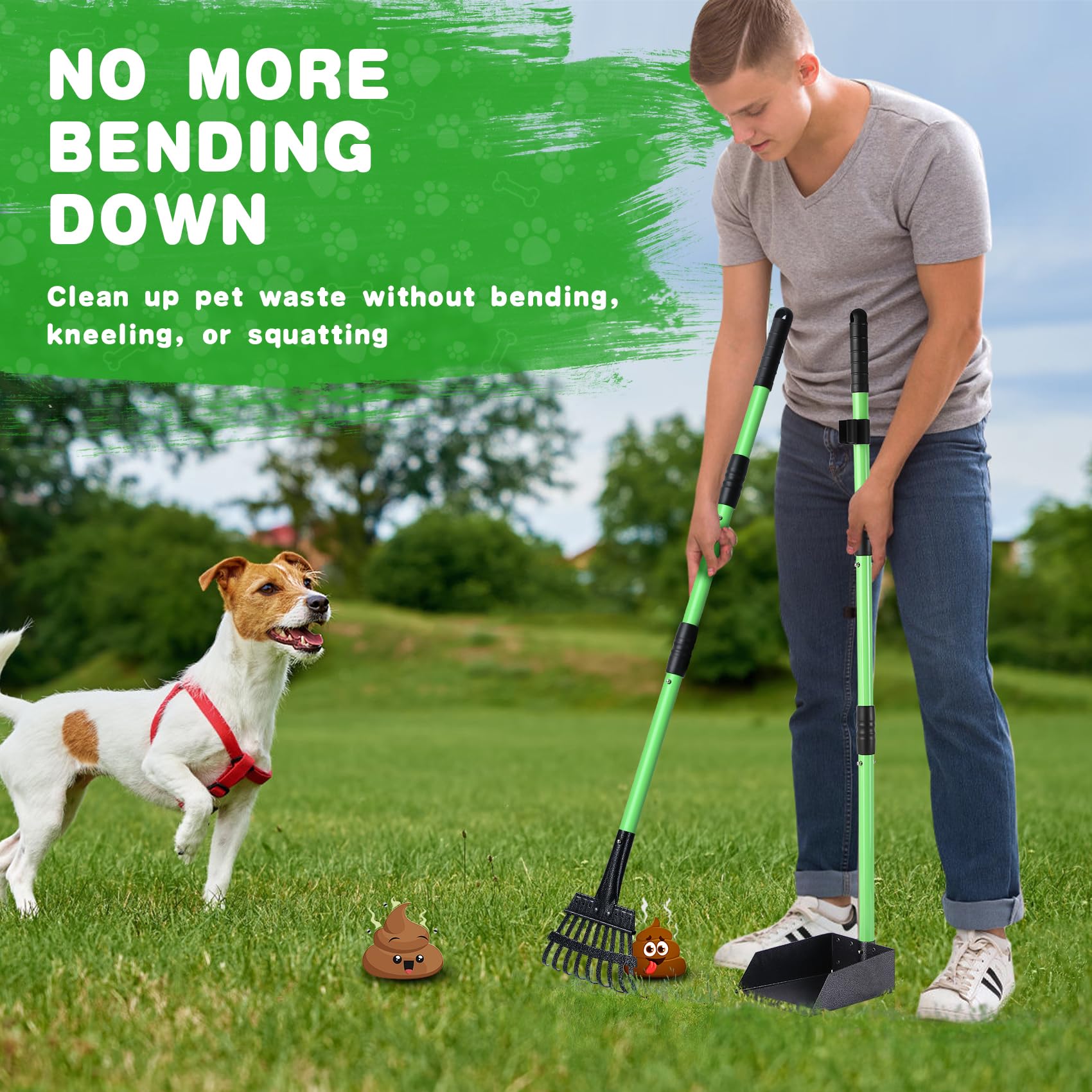 REAPALOT Pelle à déjections canines en acier inoxydable robuste avec plateau et râteau à déjections canines à long manche pour chiens de petite, moyenne et grande taille, utilisation sur l'herbe, la
