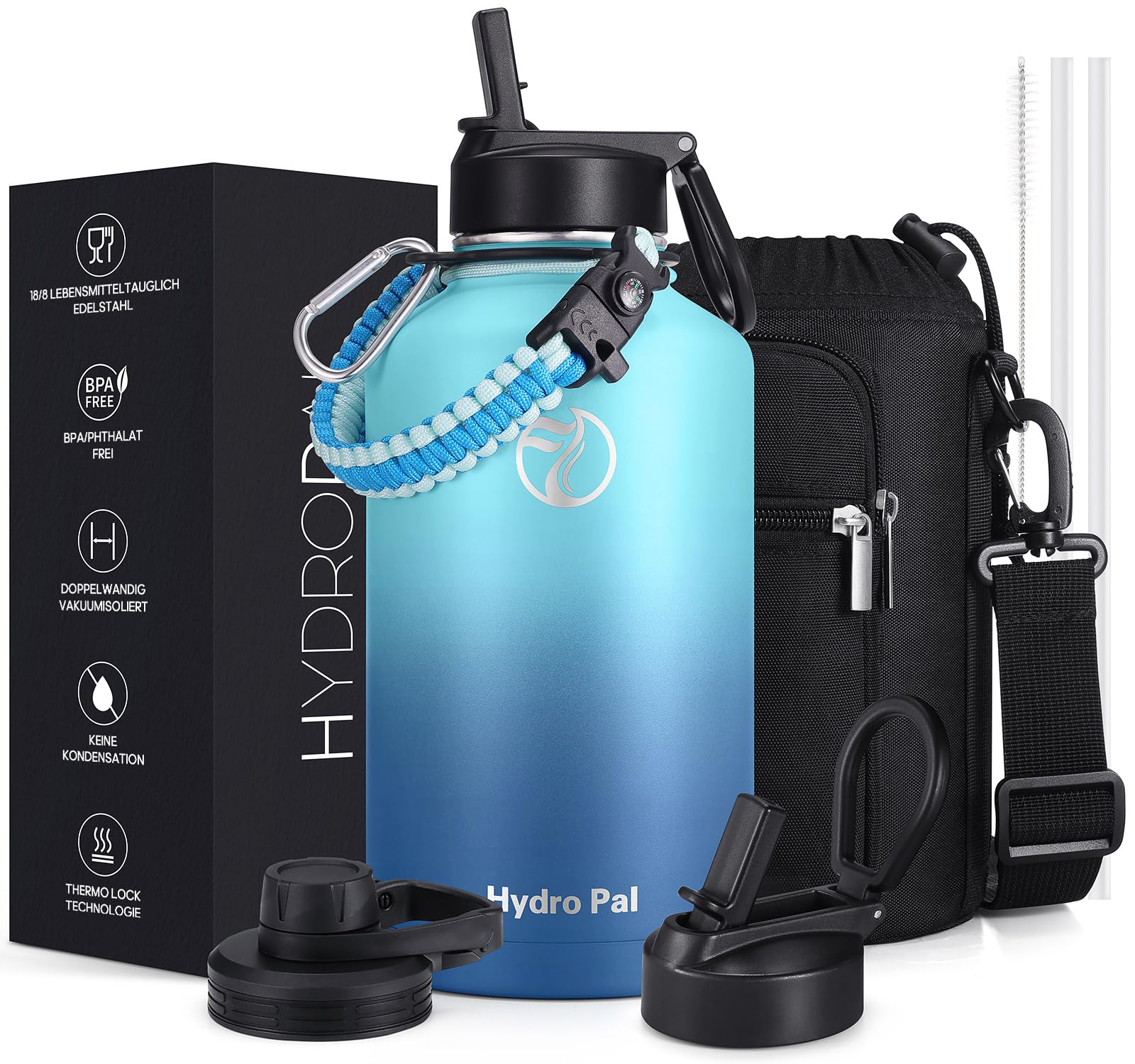 HydroPal Edelstahl Trinkflasche - 750ml/ 1L/1.2L/1.9L, BPA-Frei, Kohlensäure geeignet, Isolierte flasche mit Strohhalm & 2 Deckel