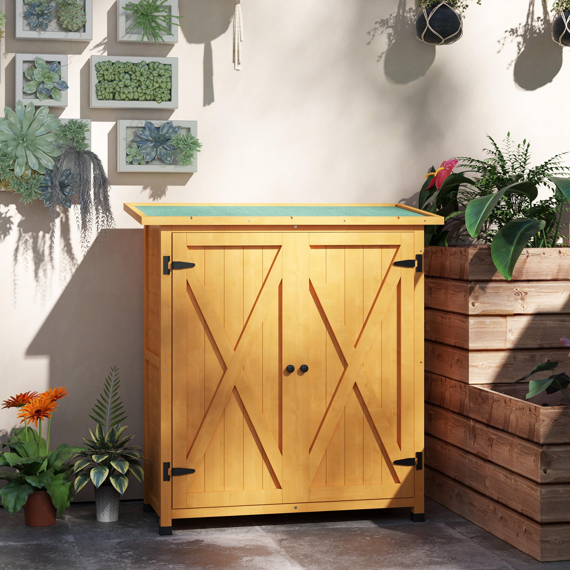 Outsunny Gartenschrank, Geräteschuppen aus Holz, Wetterfest Geräteschrank mit 2 Türen, Werkzeughaus mit Asphaltdach, Werkzeugschrank für Garten, Terrasse, 110 x 55 x 117 cm, Gelb