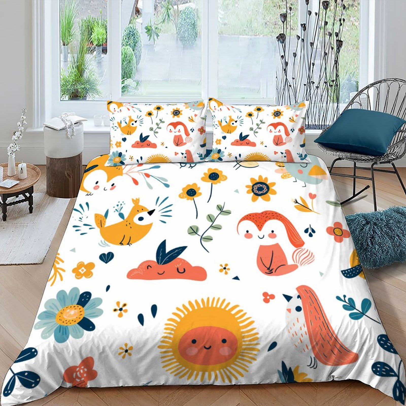 Parure de lit animaux et fleurs style nature pour une chambre parentale cosy