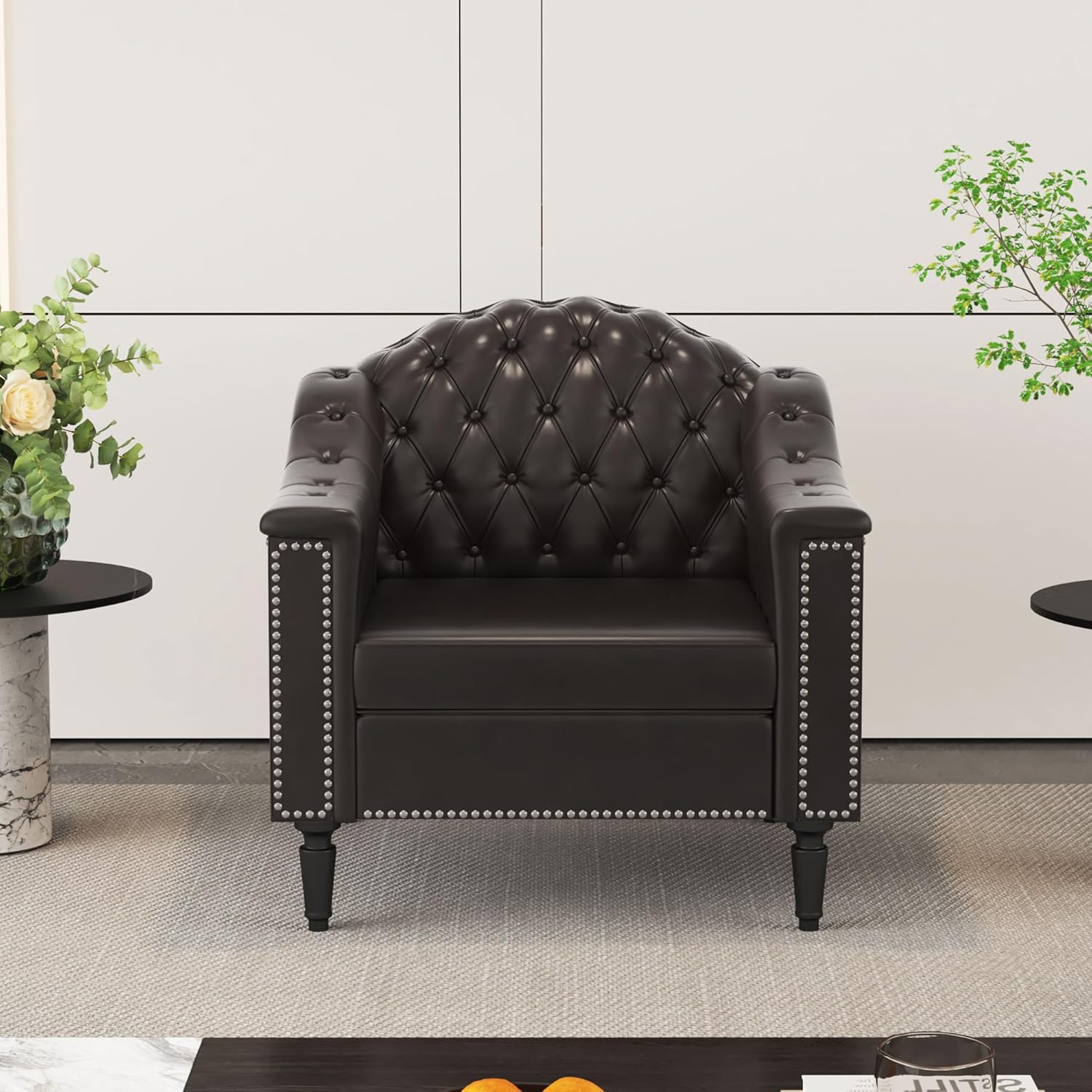 AVZEAR 3-Piece Living Room Sofa Set, Chesterfield Sofa Mid-Century Modern PU Sofa, Upholstered Couch with Nailhead Trim and Button Tufted for Living Room, Office, Bedroom (1+2+3 Seat Brown)