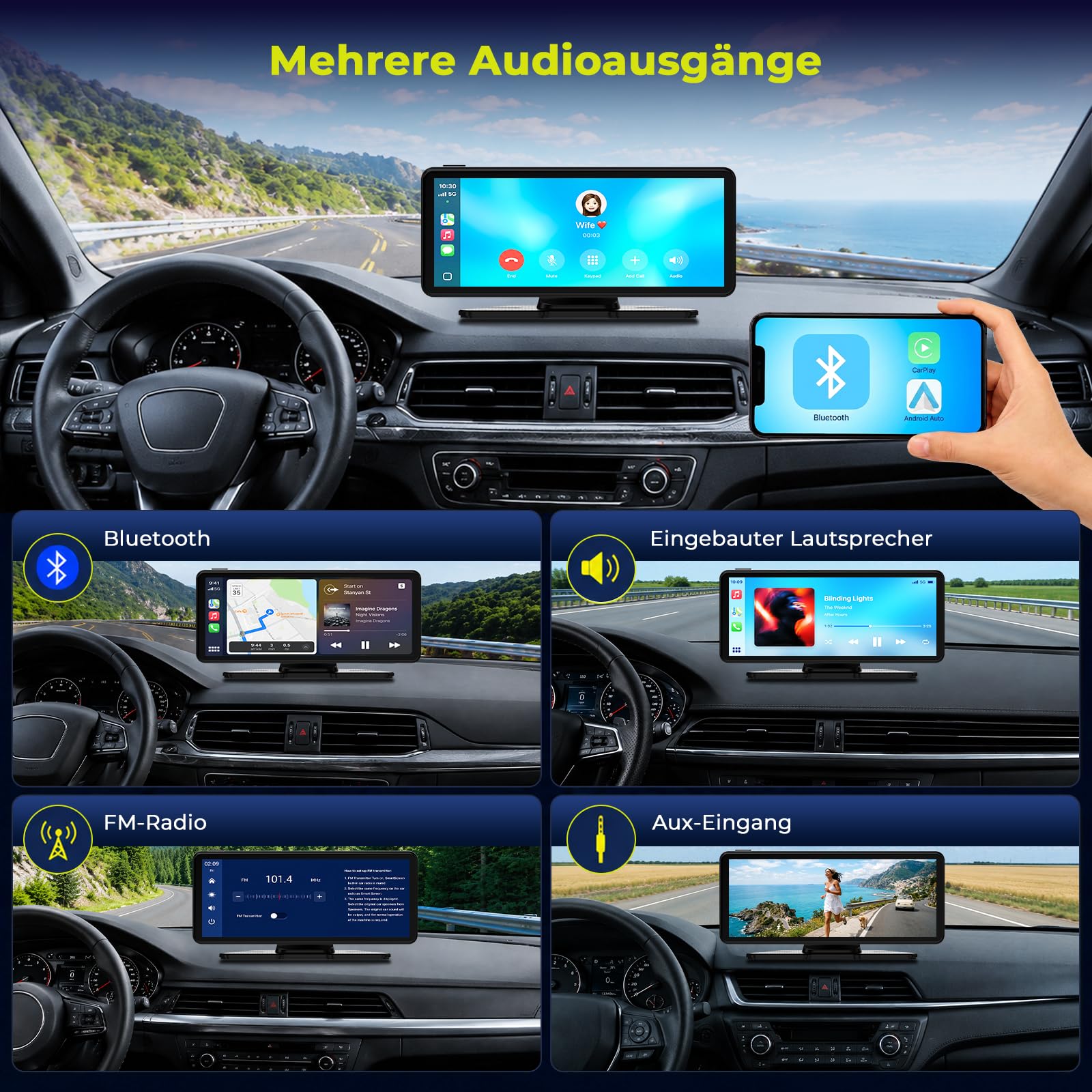LAMTTO Wireless CarPlay Android Auto Display mit Dashcam 2,5K+1080P, Tragbares 6,86 Zoll HD Touchscreen Car Play Bildschirm mit Sprachassistenz Navigation Bluetooth FM AUX 64GB Karte Mirror Link