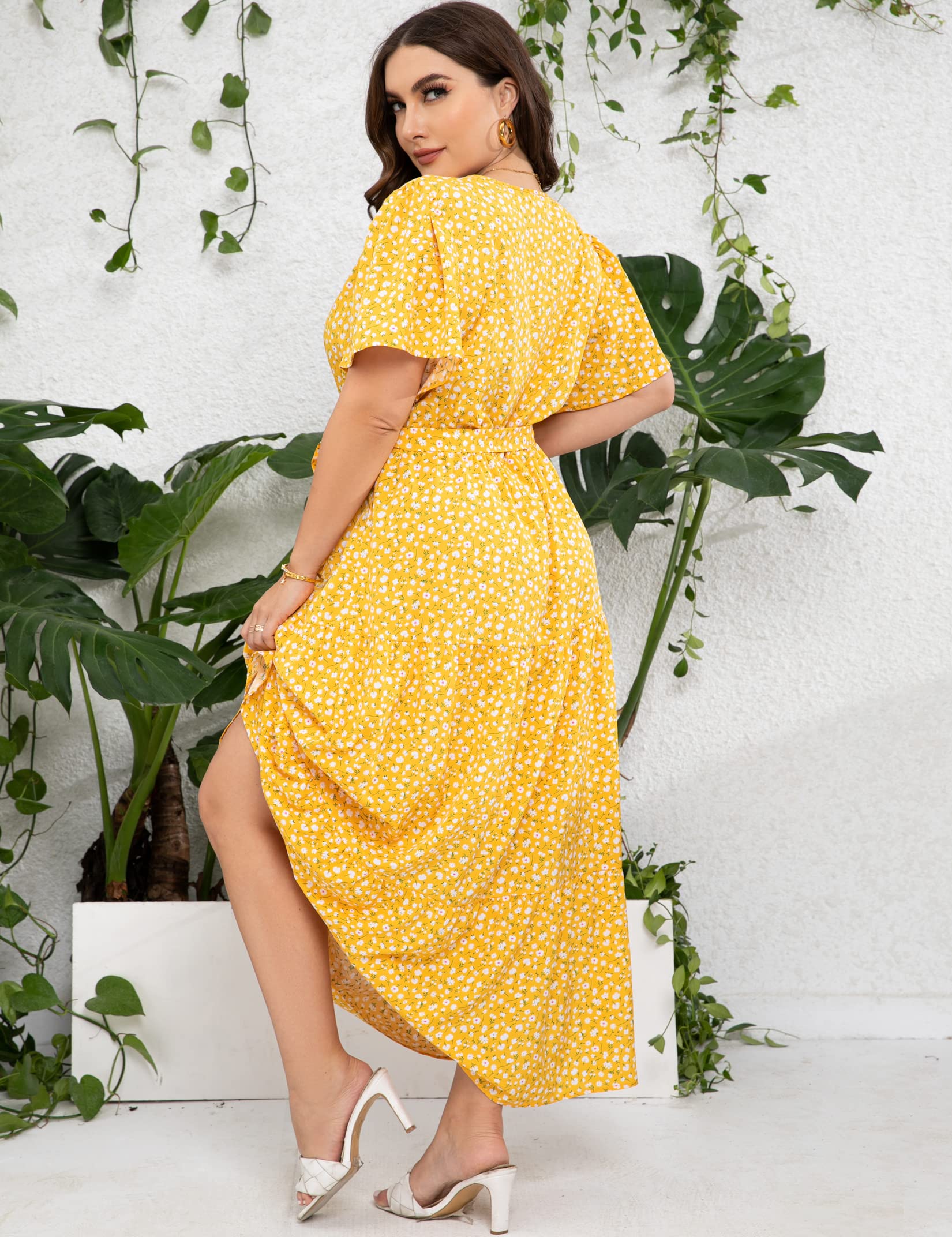 ShopWonder Womens Plus Size V Neck Wrap Maxi High Waist Ruffle Summer Casual Dress with Belt Vestido para Mujer