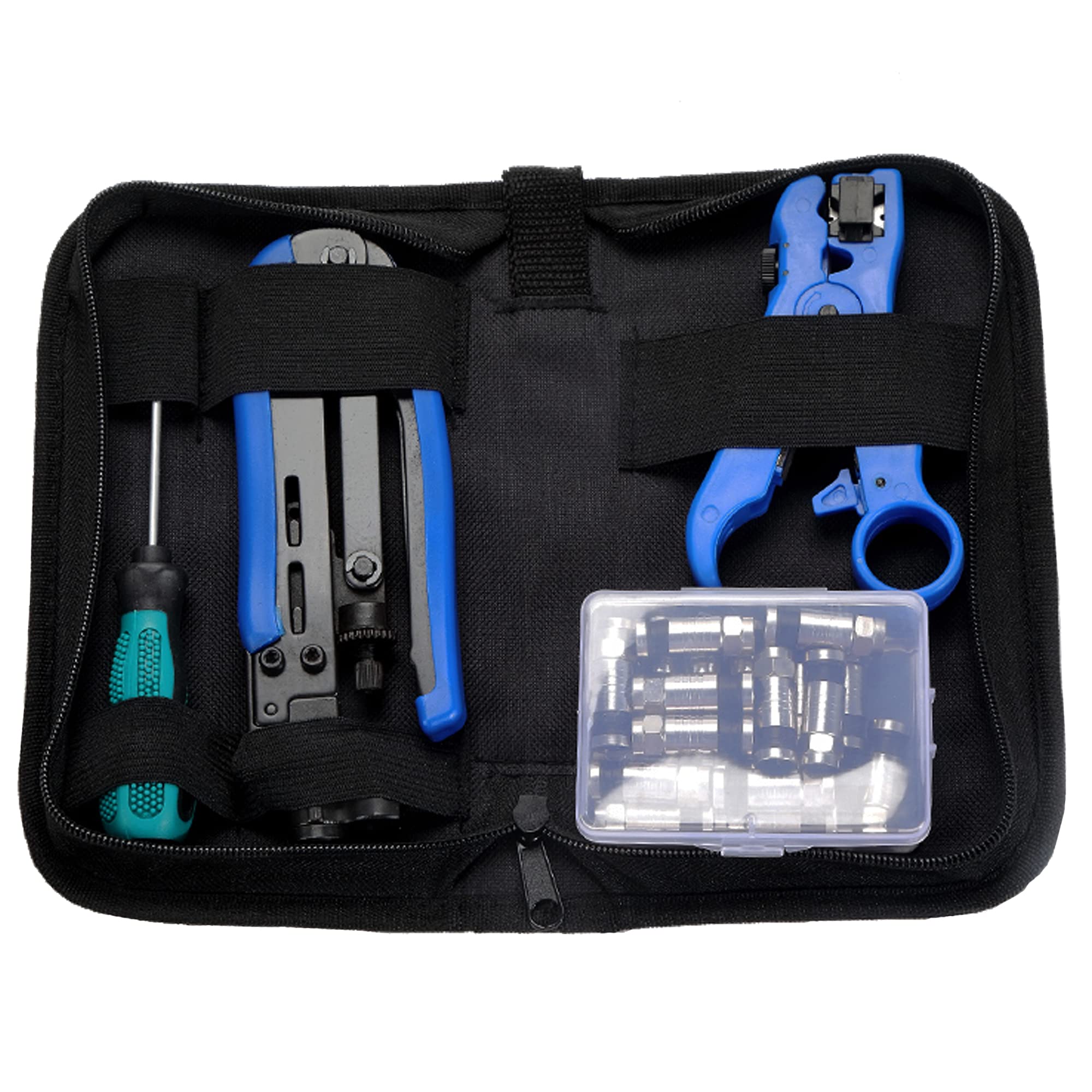 TLS.eagleCoax Cable Crimper Kit Compression Tool Coax Cable Crimper Kit Adjustable RG6 RG59 RG11 Coaxial Cable Stripper Pack of 20 F Compression Connectors