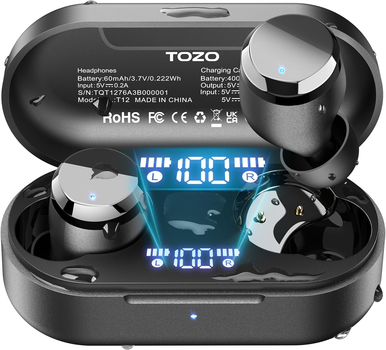 – TOZO T12 Wireless Earbuds Bluetooth 5.3 Headphones Built-in ENC Noise Cancelling Mic, 55 Hrs Playtime App Customize EQ IPX8 Waterproof LED Digital Display Premium Sound Headset Black