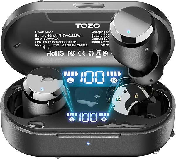 TOZO T12 Wireless Earbuds Bluetooth 5.3 Headphones, Call ENC Noise Cancelling Mic, 55Hrs Playtime App Customize EQ IPX8 Waterproof LED Digital Display Premium Sound Headset
