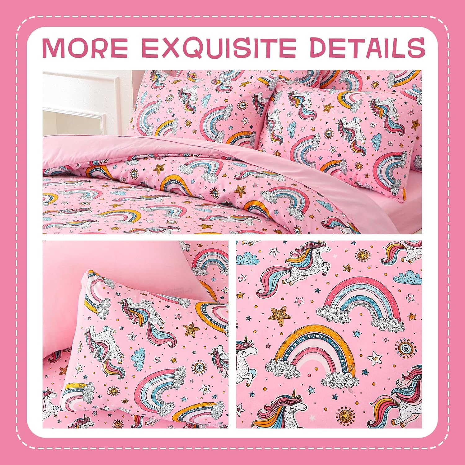 Kids Comforter Sets Full Size for Girls, Glow in The Dark Pink Unicorn Bedding Set 4 Pieces - Girl Soft Bed Set with Pillow Shams image 4