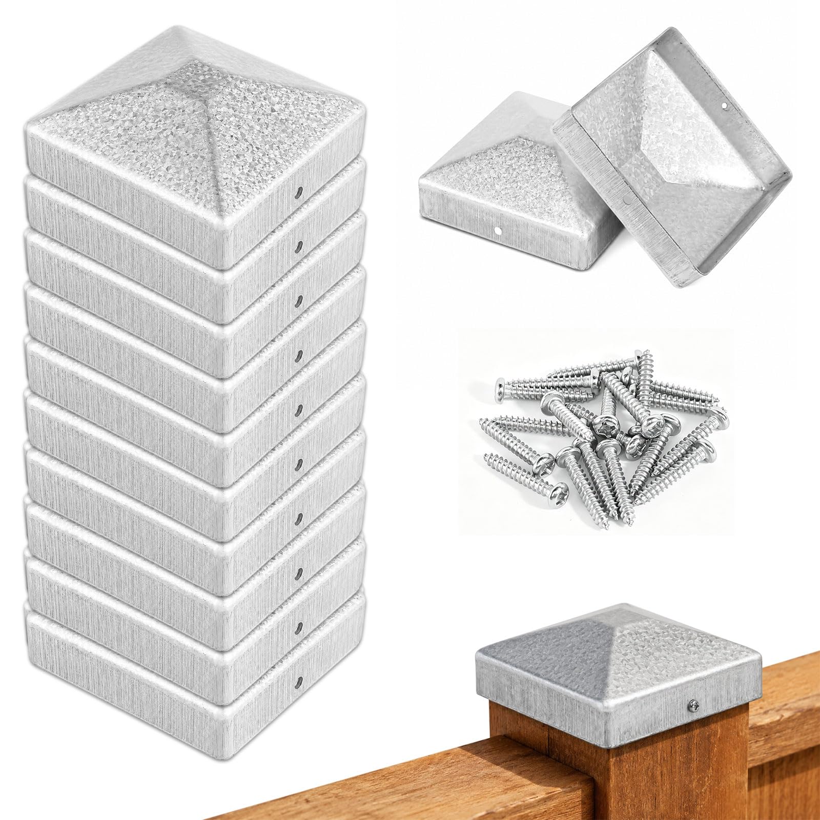 Pack of 10 Post Caps 9 x 9 cm Fence Post Caps Post Caps with 20 Screws Galvanised Post Cover Fence Cover Cap for Wooden Posts Patio Pillar