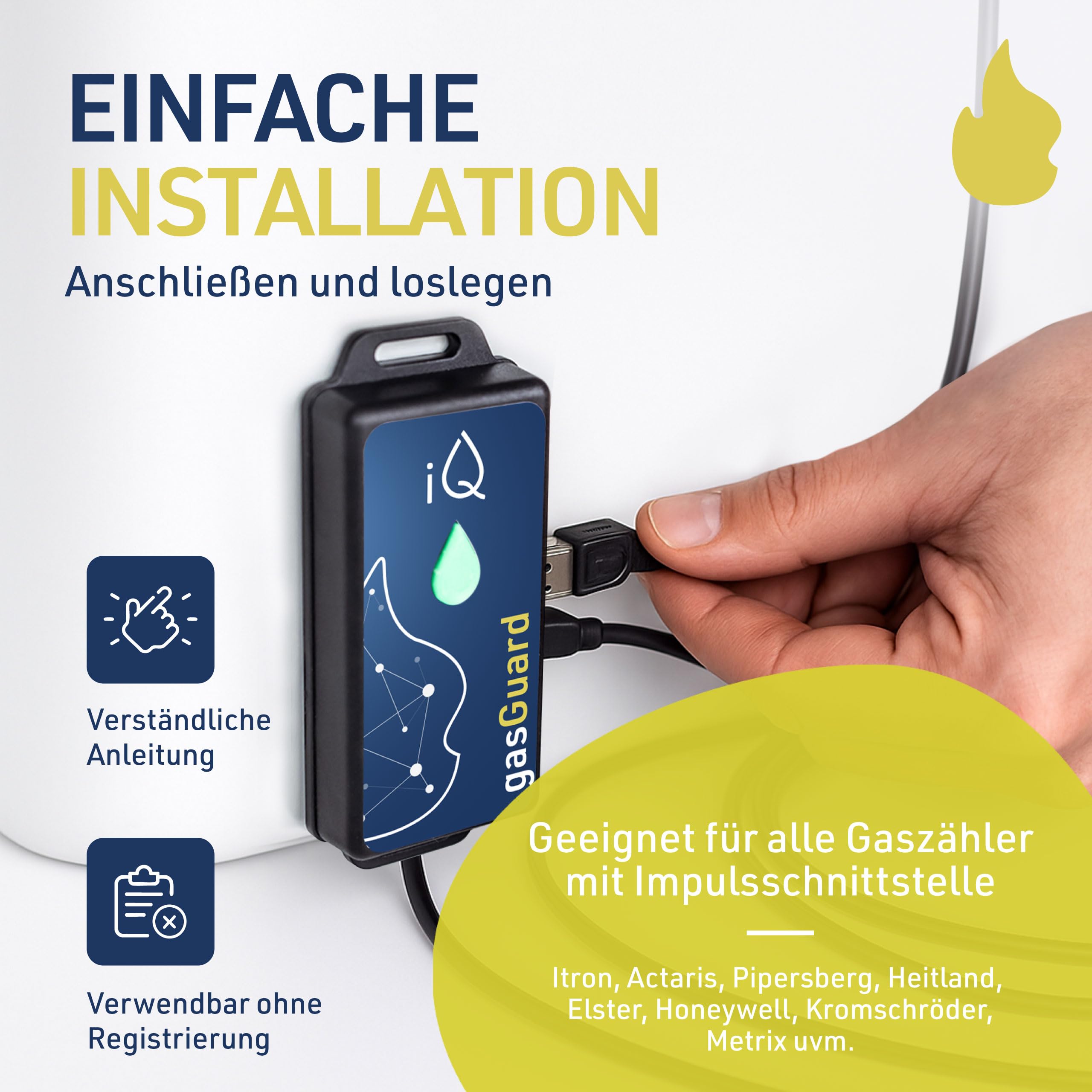 iQ gasGuard inteligentny licznik gazu z interfejsem impulsowym z funkcją alarmu i Wi-Fi - cyfrowy monitoring zużycia gazu i kosztów - licznik zużycia gazu i miernik z WiFi do smartfonów i komputerów