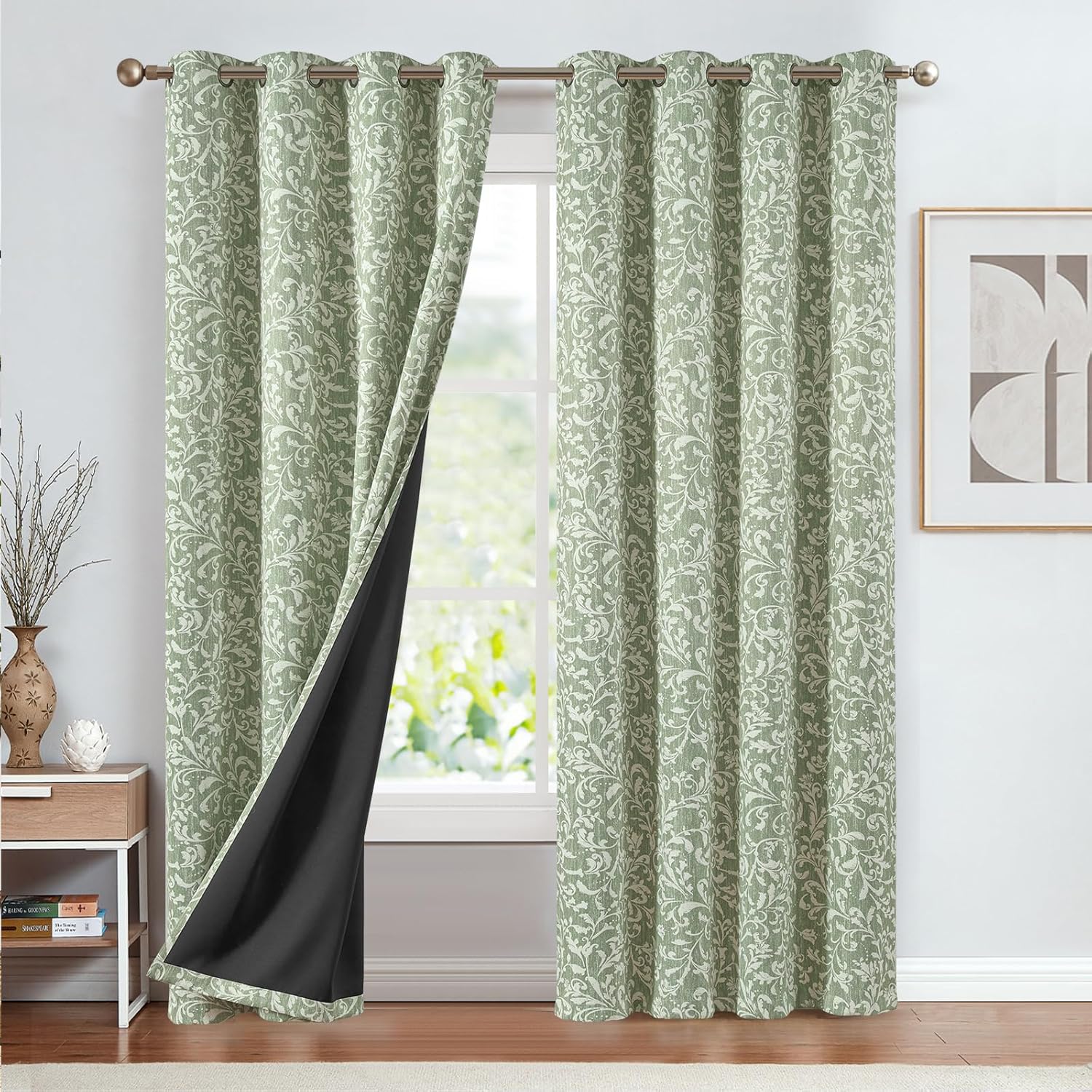 Vangao Sage Green Floral Blackout Curtains 84 Inches Long for Bedroom Flower Curtains for Living Room Grommet Thermal Insulated Farmhouse Vintage Window Drapes 2 Panels