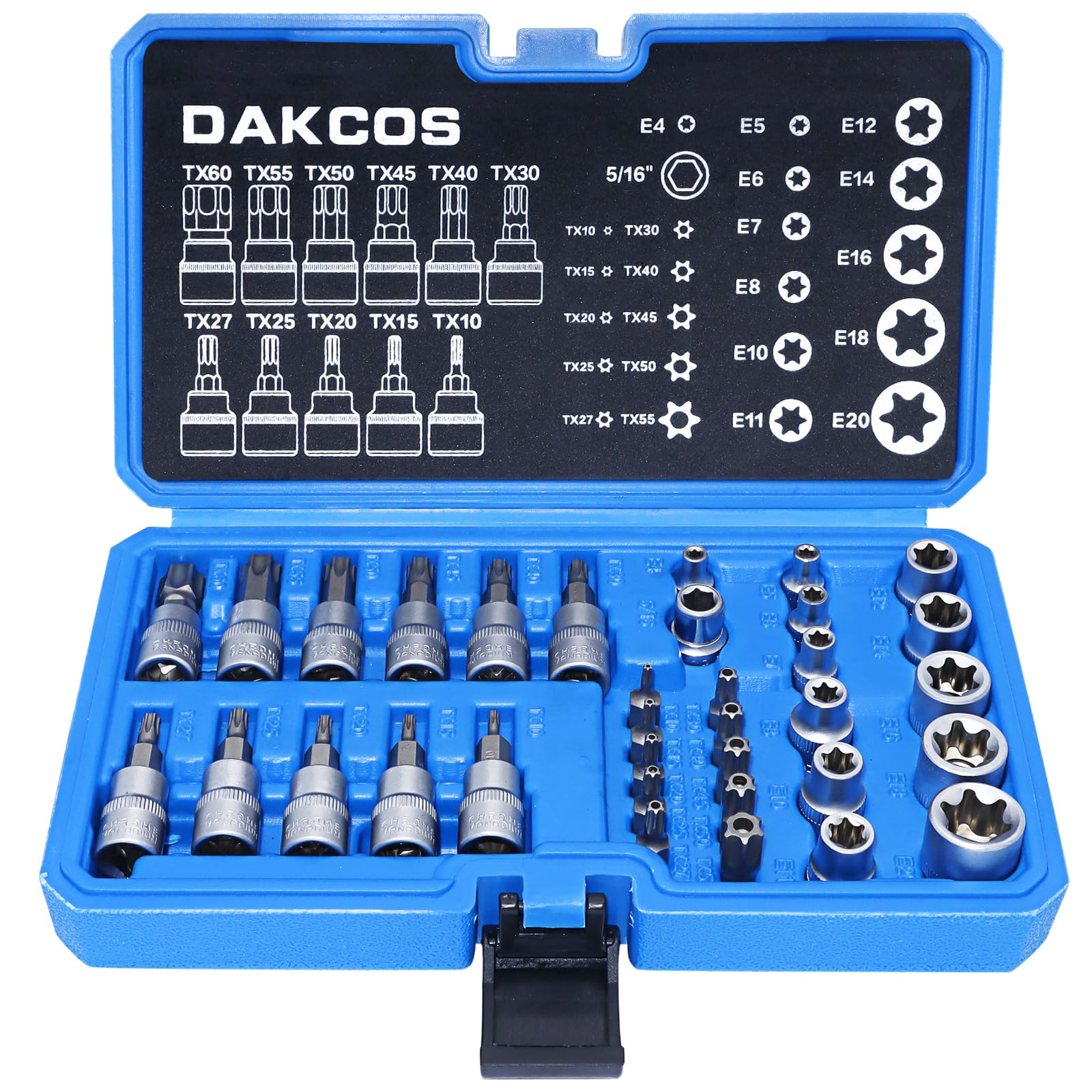 Dakcos 34Pc Torx Socket Set, 12Pc E4-E20 Nuts, 11Pc T10-T60 Torx Bits, 10Pc T10-T55 Security Bits & 1Pc Adapter