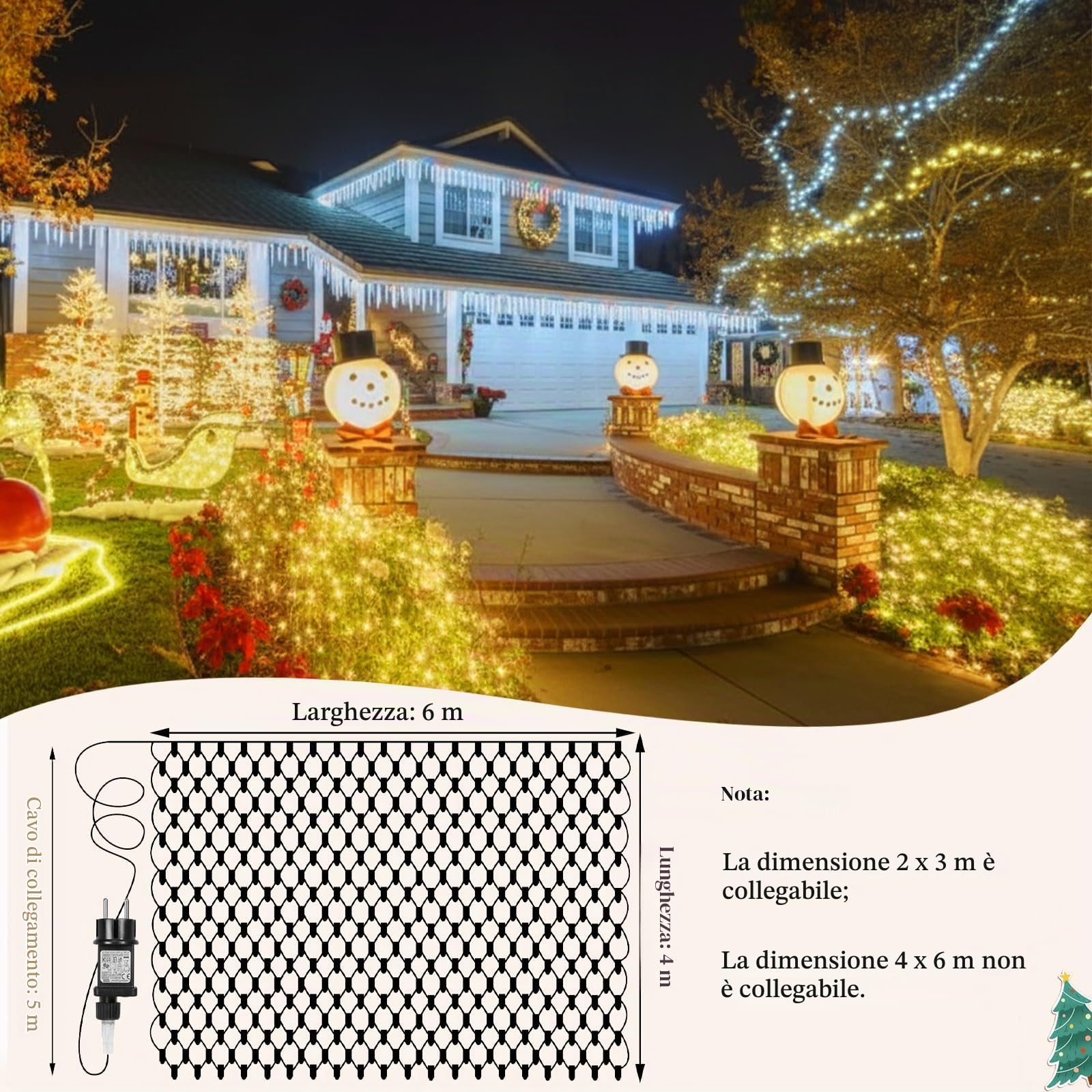 Rete luminosa per esterni, 6 x 4 m, 660 LED, rete con timer, 8 modalità di illuminazione e funzione di memoria, IP44, impermeabile, bianco caldo