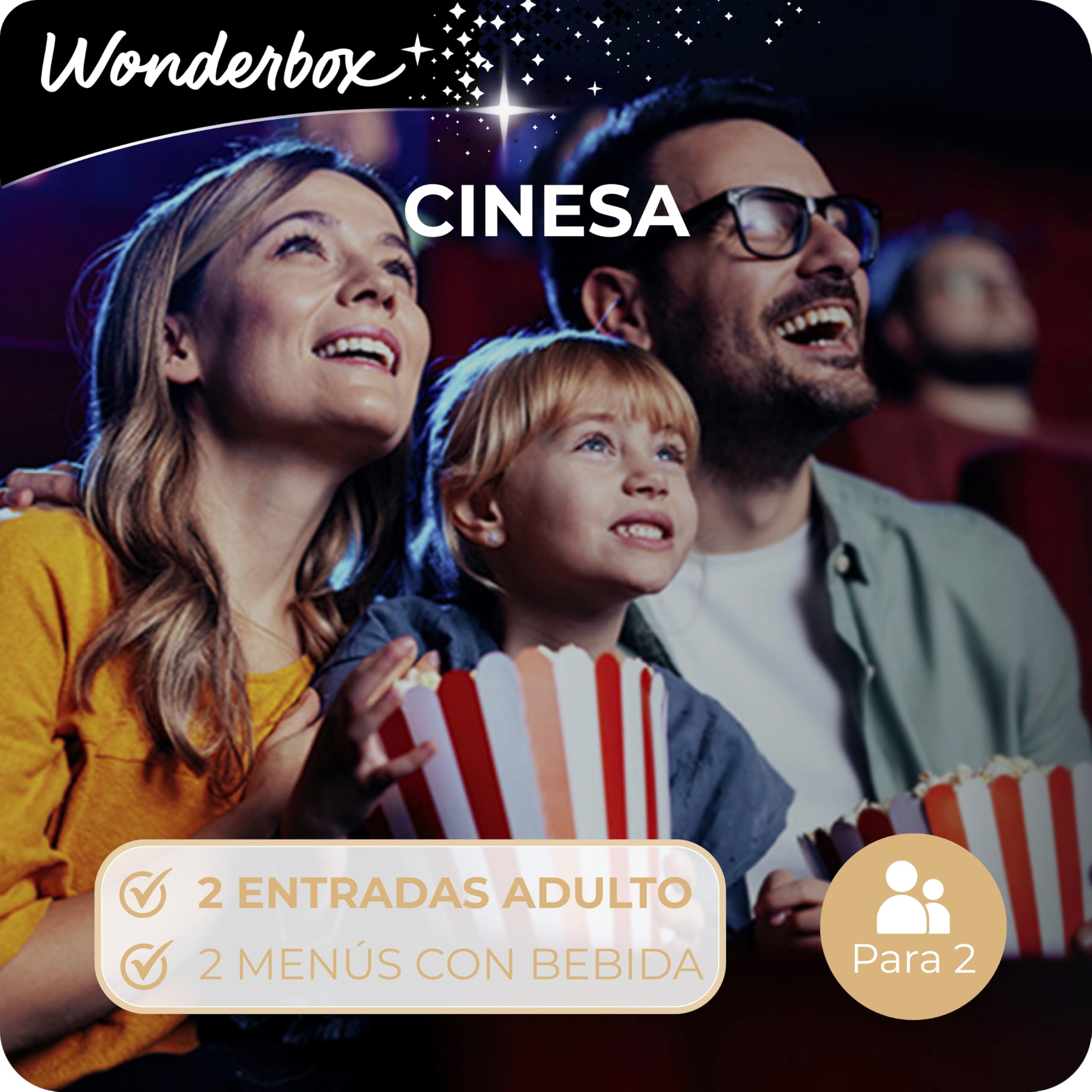 WONDERBOX Caja Regalo Cine menú 2 Personas 2 entradas Cine 2 menús Palomitas Bebidas Válido 3 años