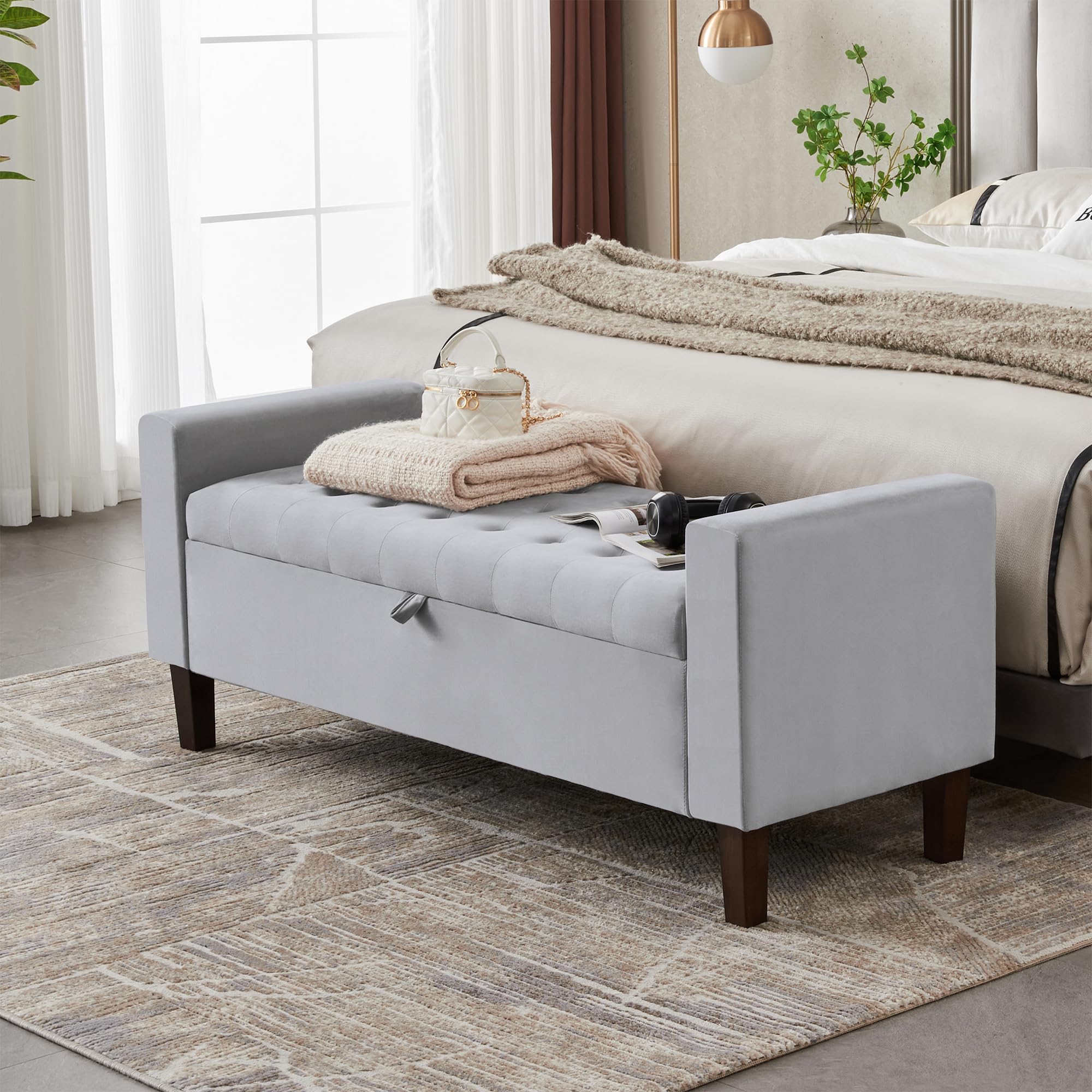 Befurtori Storage Bench for Bedroom End of Bed, 55" Velvet Tufted Upholstered Ottoman with Storage End of Bed Storage Bench with Solid Wood Legs for Bedroom Living Room Entryway, Gray-image-47