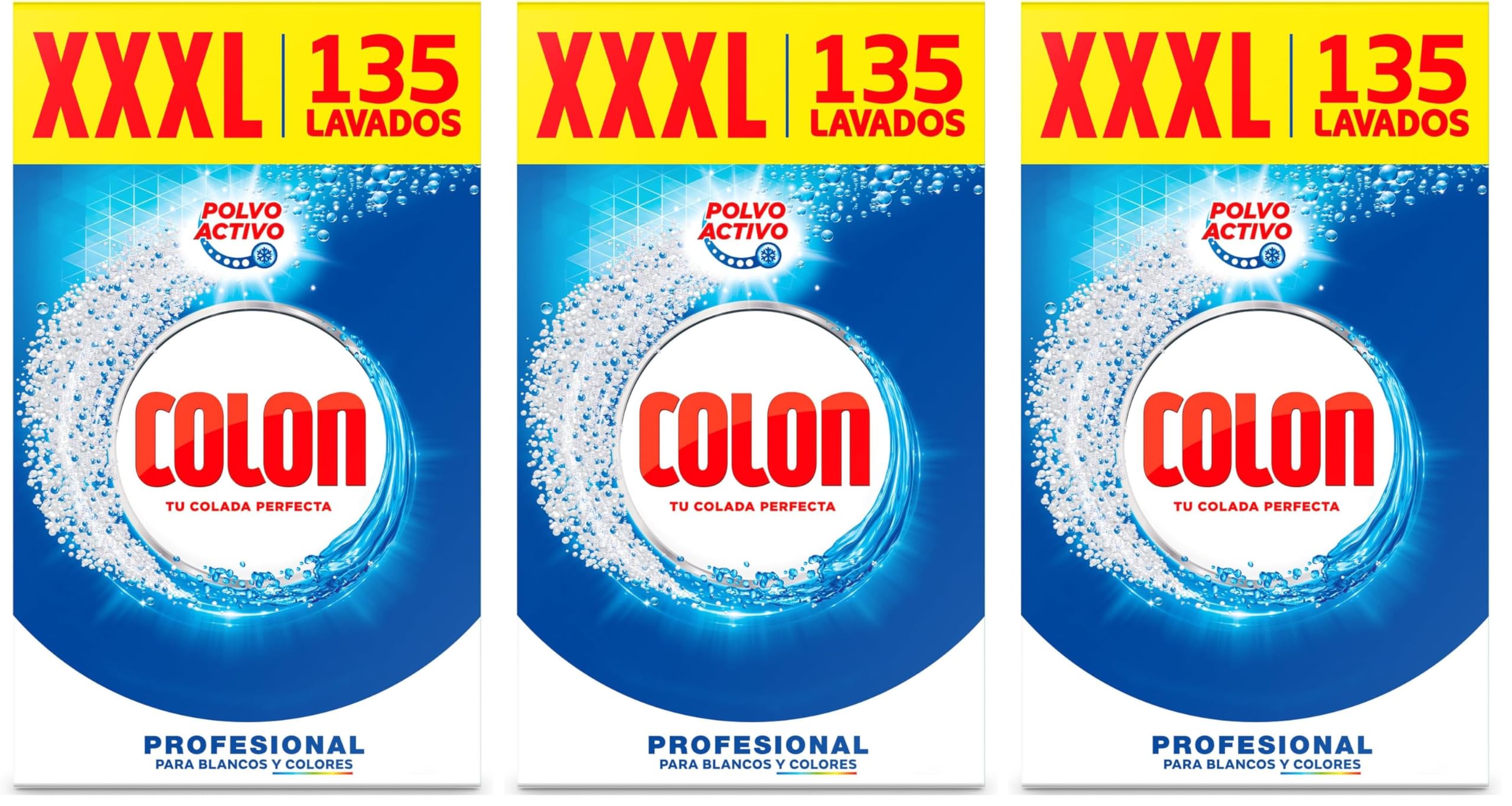 Colon Polvo Activo - Detergente para lavadora, adecuado para ropa blanca y de color, formato polvo - 135 dosis, 7.037 kg (Paquete de 3)