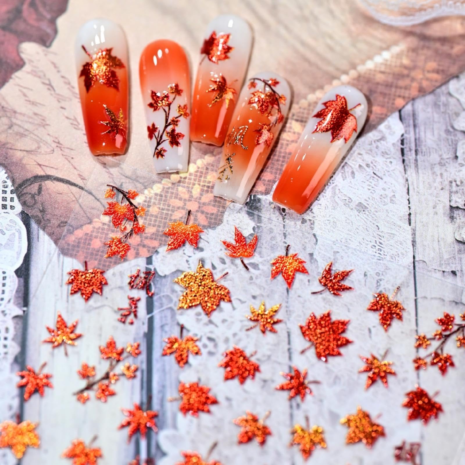 Fall Nail Stickers Maple Leaf Nail Art Stickers Red Glitter Nail Decals 5D Embossed Self Adhesive Autumn Nails Design Charms Supply for Women Girls Thanksgiving Day Manicure DIY Decoration