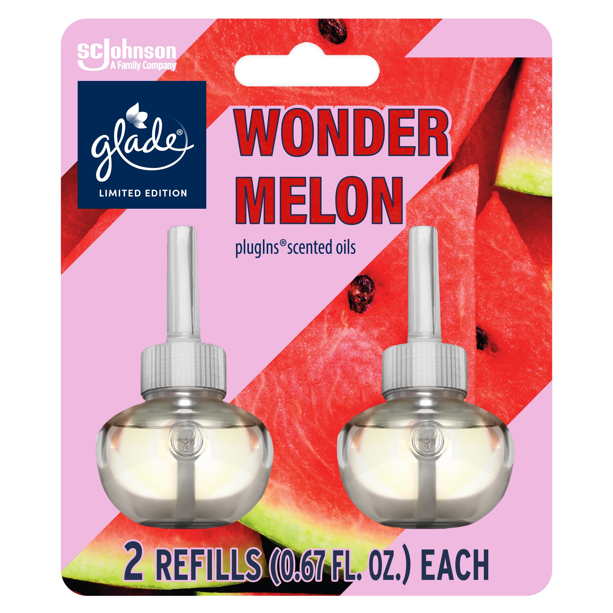 GladePlugIns Refills Air Freshener, Wonder Melon, Scented and Essential Oils for Home and Bathroom, 0.67 Fl Oz, 2 Count