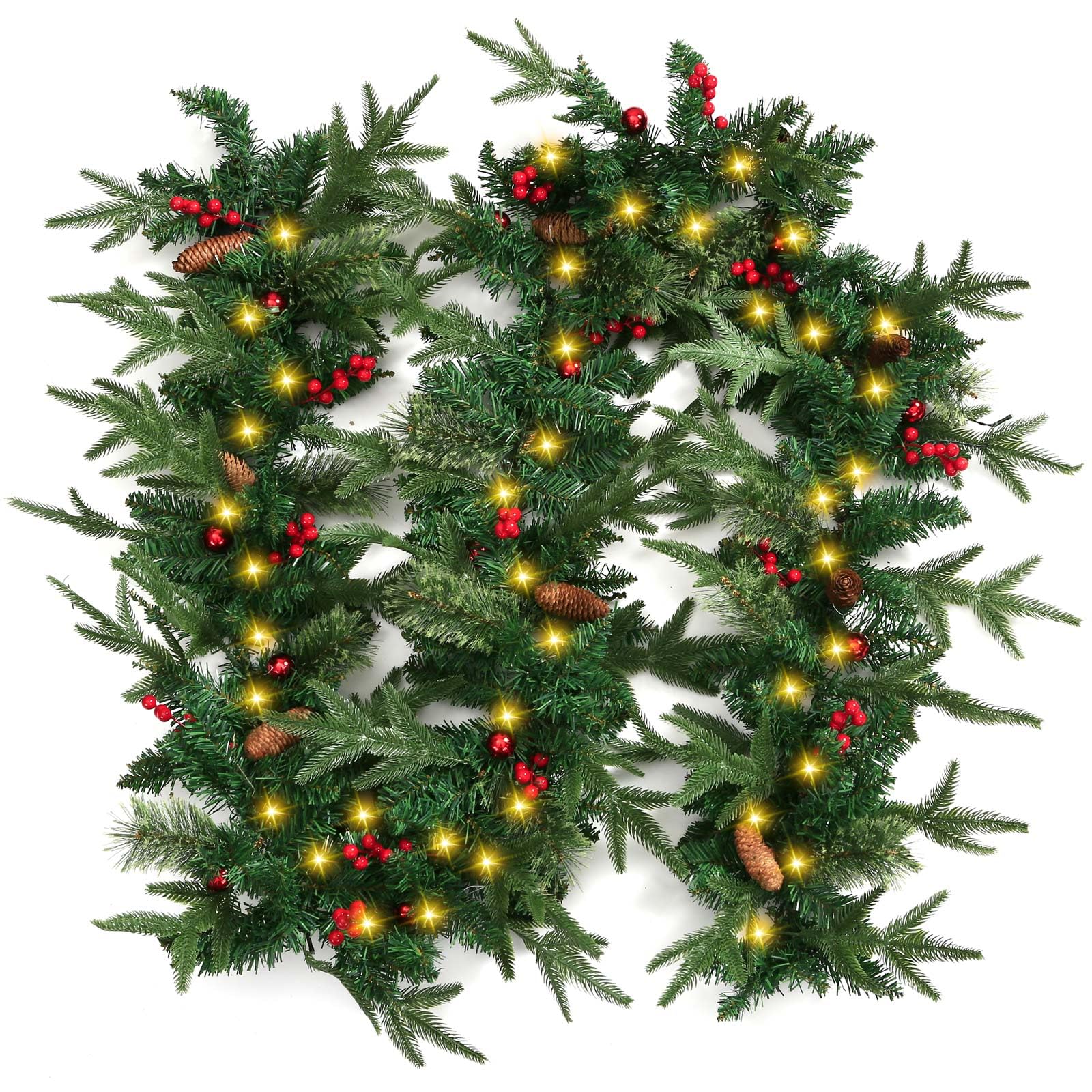 9 ft pre-lit christmas decorations garland with 50 lights, holiday pe mixed garland with pine cone red berry christmas ball garlands for indoor home holiday new year xmas decorations