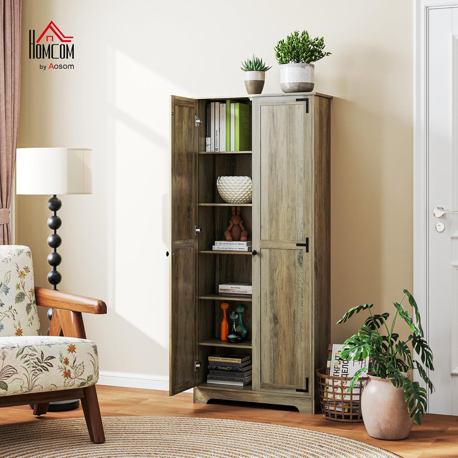 HOMCOM 72" Farmhouse Pantry Cabinet, Freestanding Tall Kitchen Pantry Storage Cabinet with Adjustable Shelves and Recessed Doors, Distressed Gray