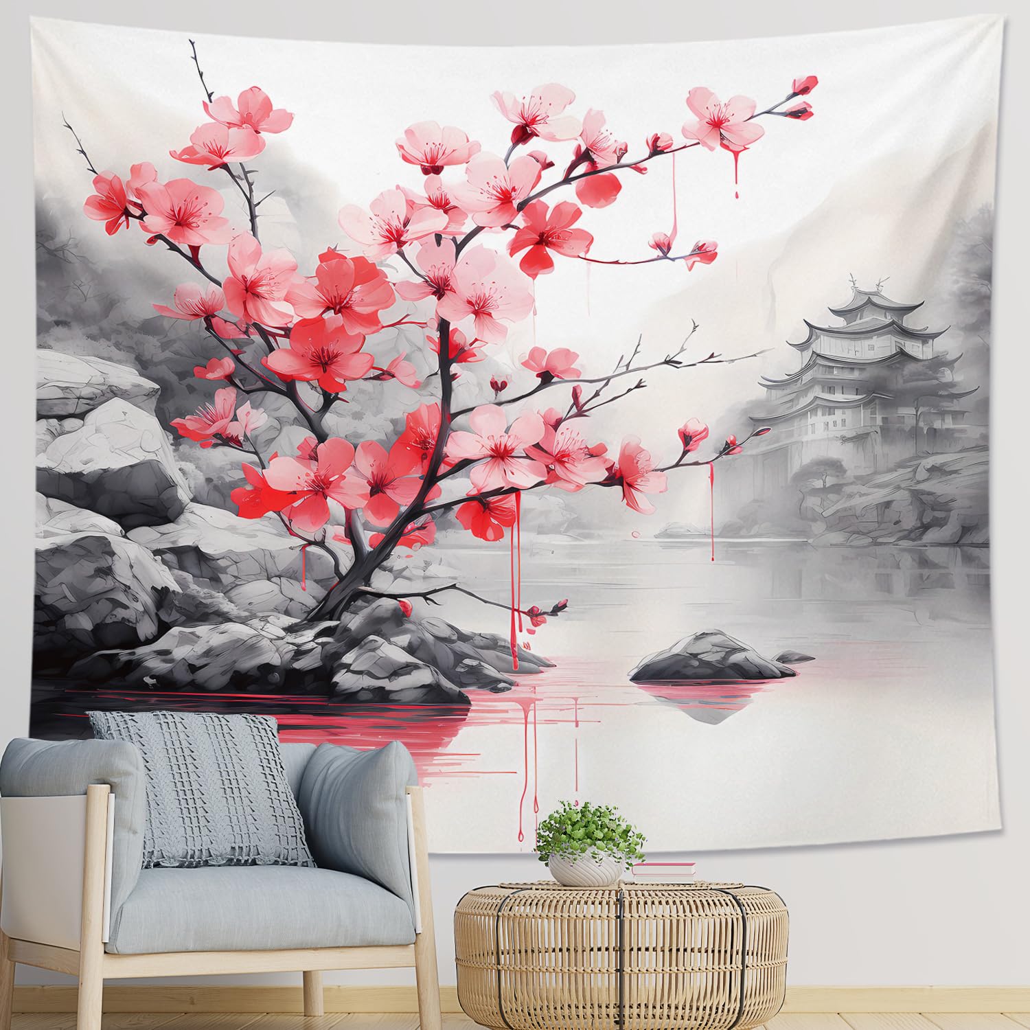 Chinese ink painting tapestry cherry blossom river temple traditional classy mountain gray polyester soft yoga girls club adults bedroom college dorm club decor big wall tapestry outdoor 60x40inch