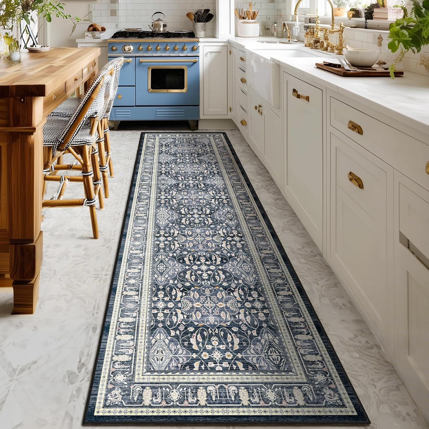 Dark Blue 3x8 Hallway Runner Rug, Kitchen Runners Non Skid Washable 8 ft, Washable Non Slip Ultra Thin Carpet Runner for Entryway Corridor Mudroom Bathroom, Transitional Moroccan Floral Trellis